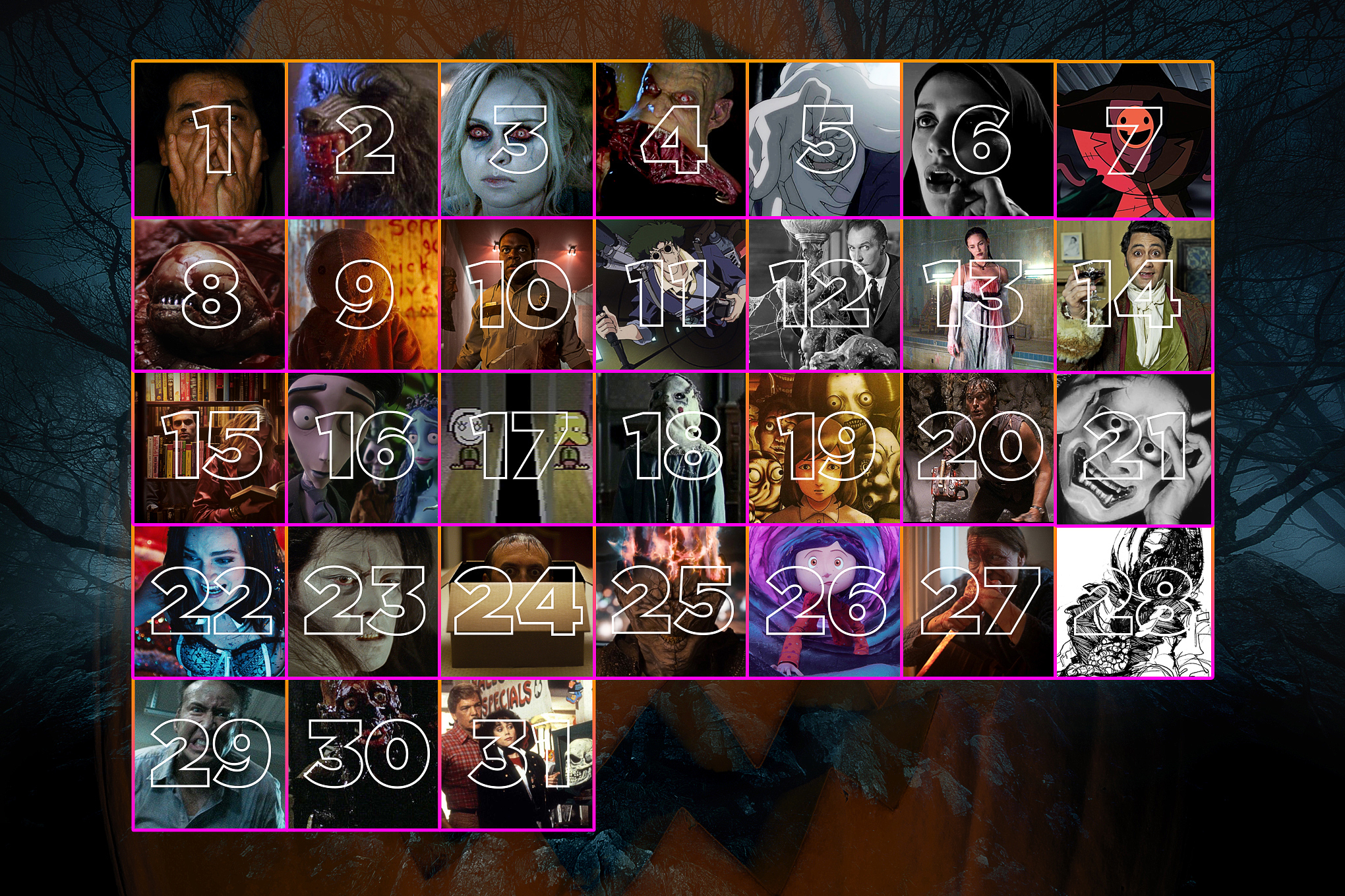 A grid layout of the month of October as a Halloween “advent” calendar