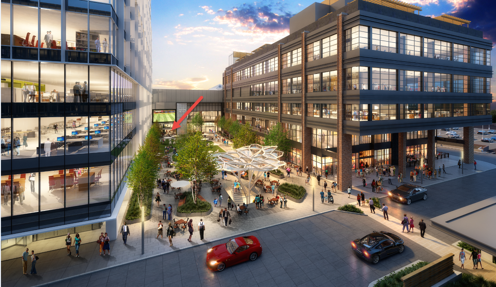 A rendering of the expansion plans for Phipps Plaza includes tow large office buildings with a courtyard between the buildings. A red arrow points to the back of the courtyard to where Botica will open. 
