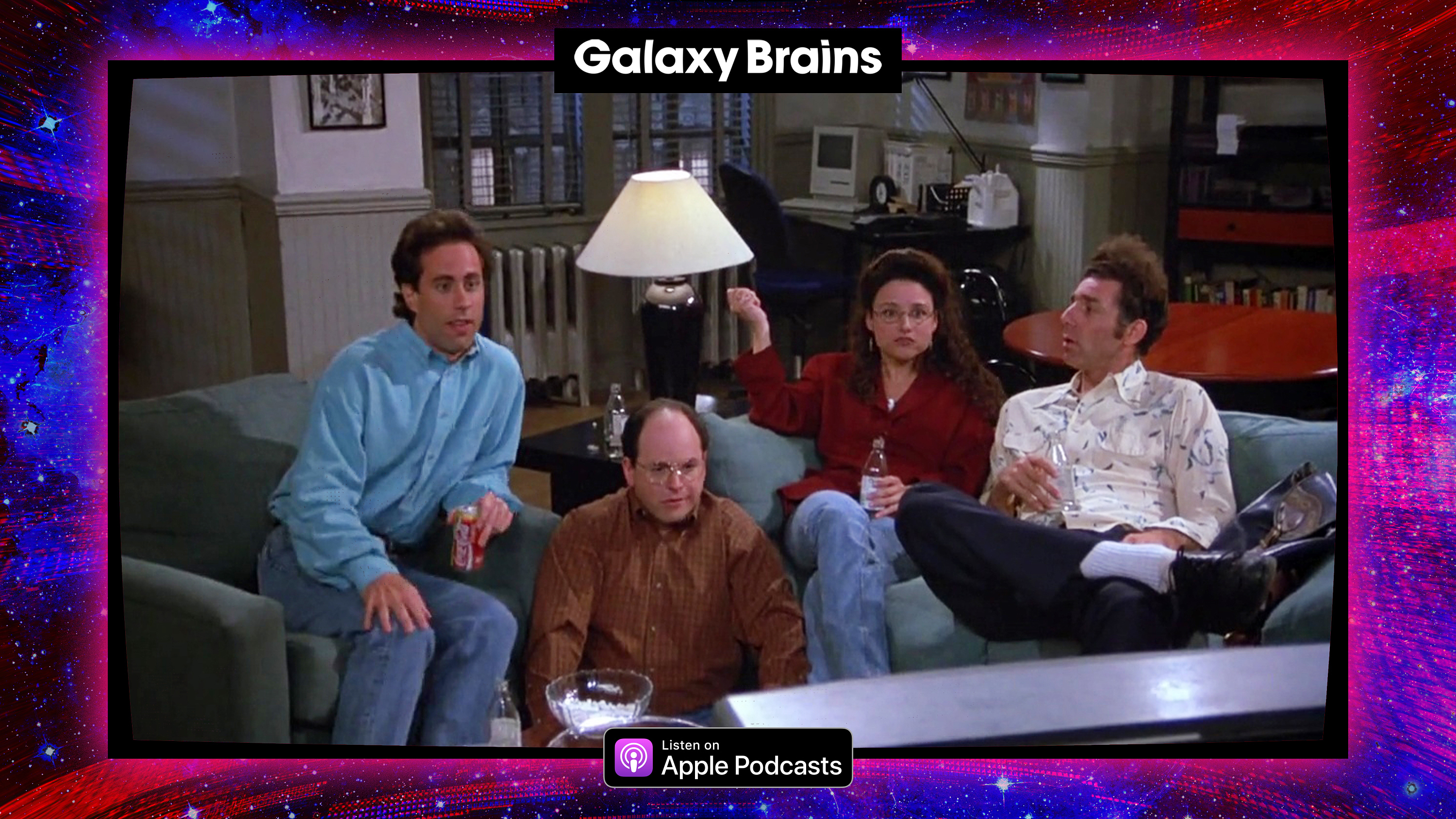 Graphic frame surround the cast of the Seinfeld sitcom