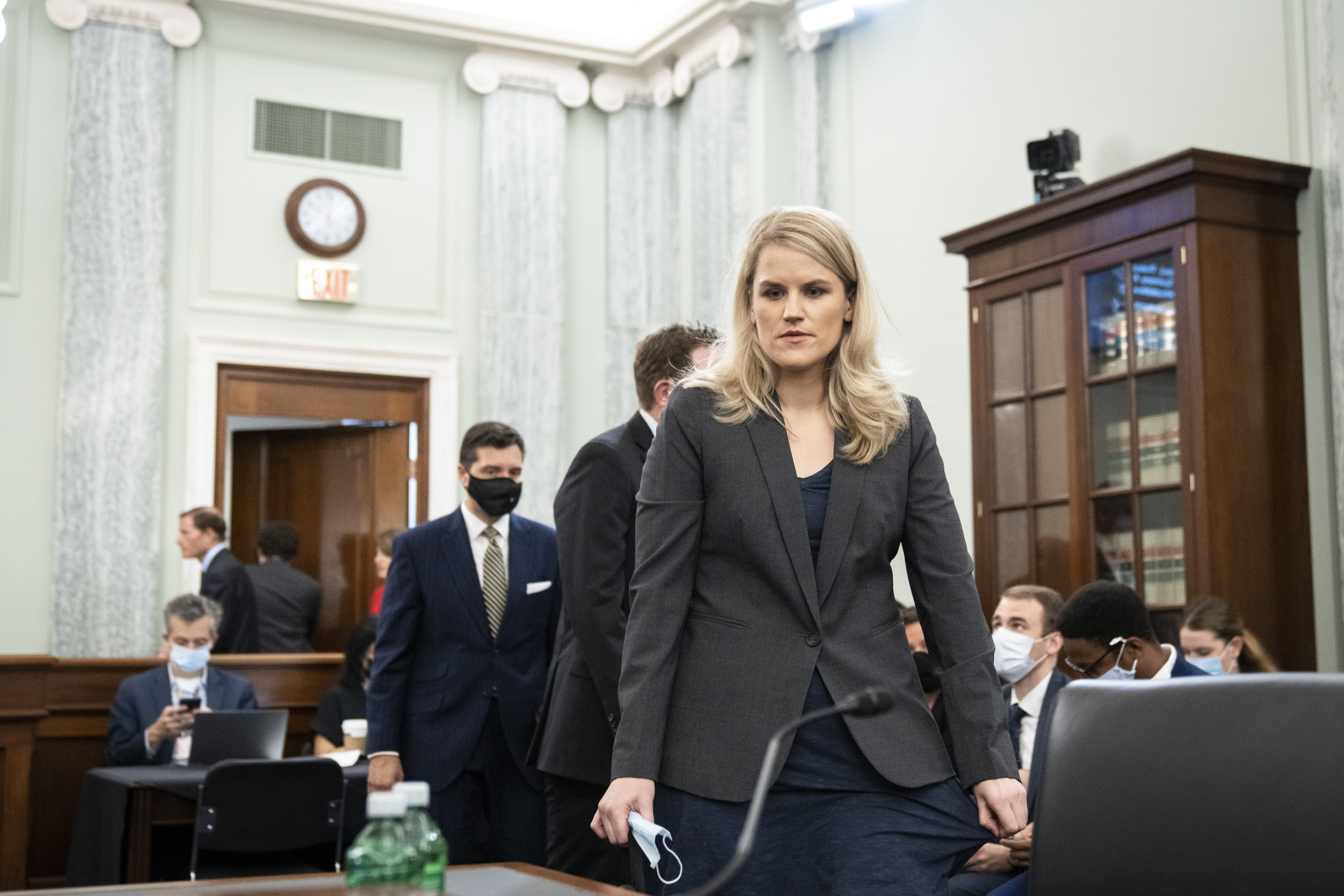 Former Facebook employee and whistleblower Frances Haugen arrives to testify before a Senate Committee on Commerce, Science, and Transportation hearing on Capitol Hill on Tuesday, Oct. 5, 2021, in Washington. 