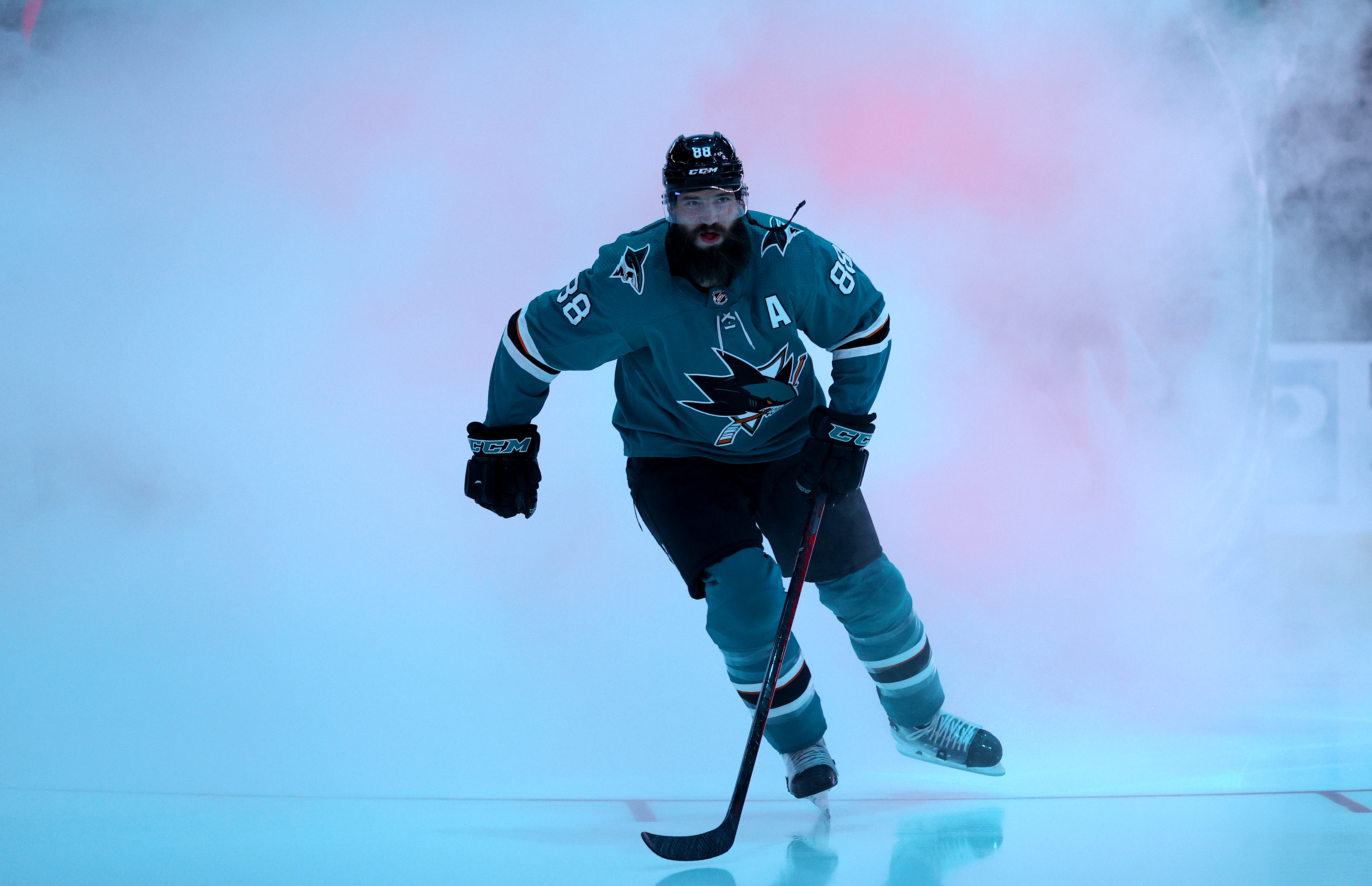 Brent Burns #88 of the San Jose Sharks skates on to the ice for their game against the Anaheim Ducks at SAP Center on October 04, 2021 in San Jose, California.
