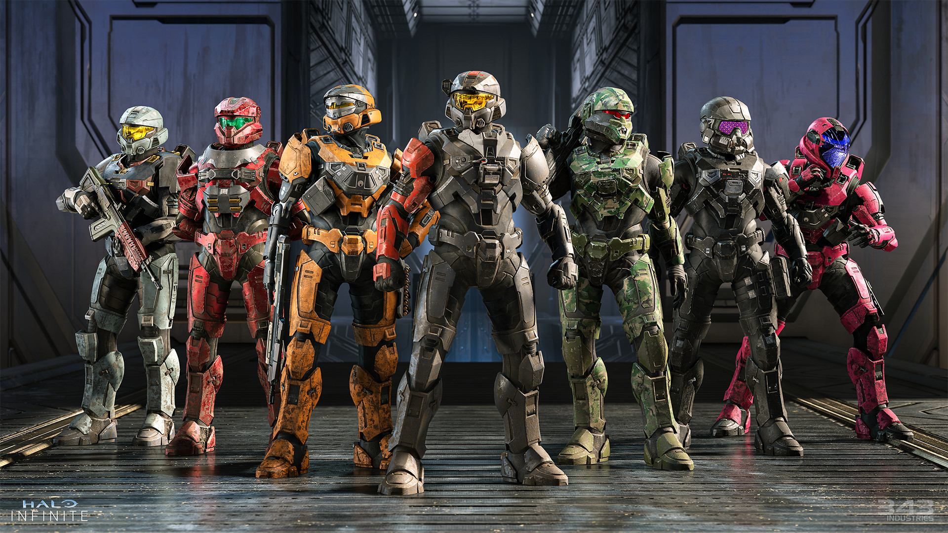 Seven armed Spartans pose for a glamour shot in Halo Infinite