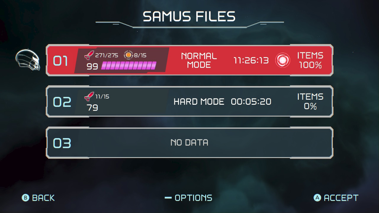 Metroid Dread Samus Files menu showing Items 100% completion