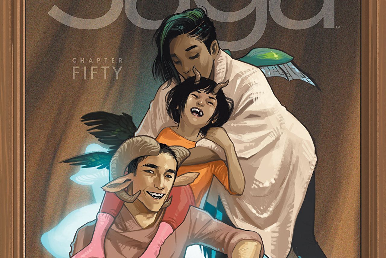 Dad Marko, Hazel, and mom Alana on the cover of Saga #50 (2018). 