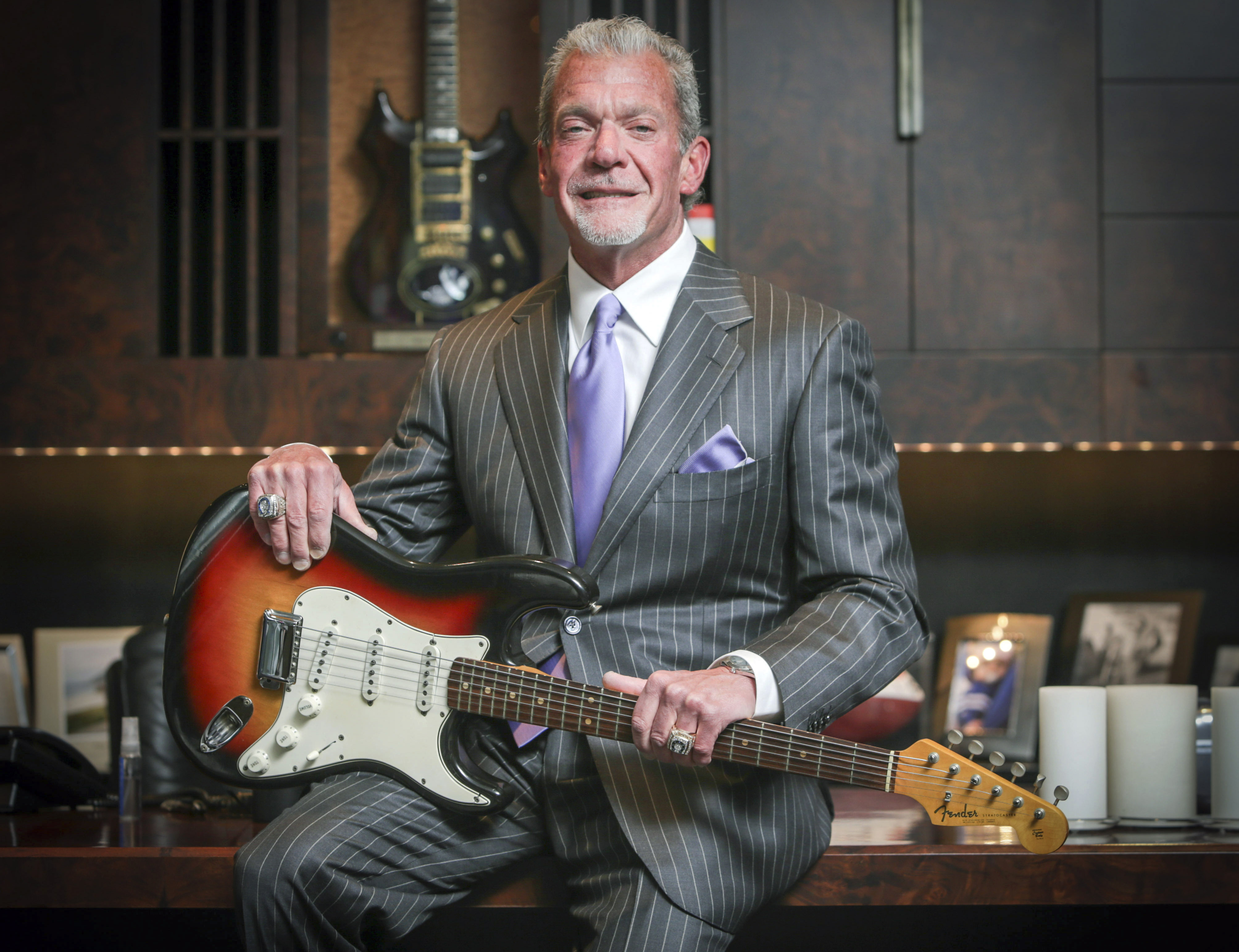 Indianapolis Colts owner and CEO Jim Irsay with the Fender Stratocaster guitar that Bob Dylan played at the Newport Folk Festival in 1965. Irsay is talking with officials in several cities about the possibility of creating a museum to display the pop culture memorabilia that he’s spent millions of dollars collecting over the past 20 years. 