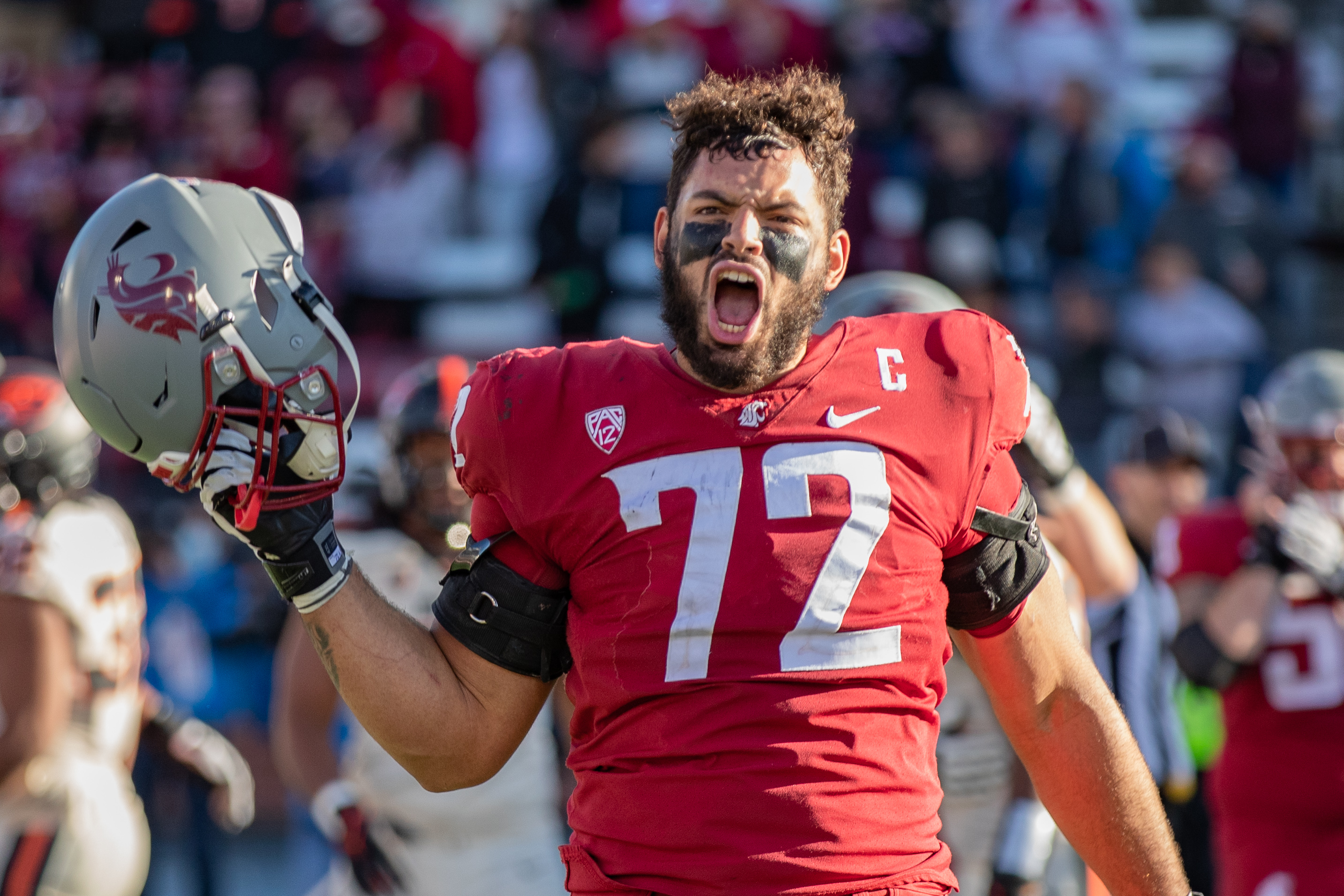 PULLMAN, WA - OCTOBER 9: Washington State offensive lineman Abe Lucas (72) yells after the game ends in a PAC 12 conference matchup between the Oregon State Beavers and the Washington State Cougars on October 9, 2021, at Martin Stadium in Pullman, WA.
