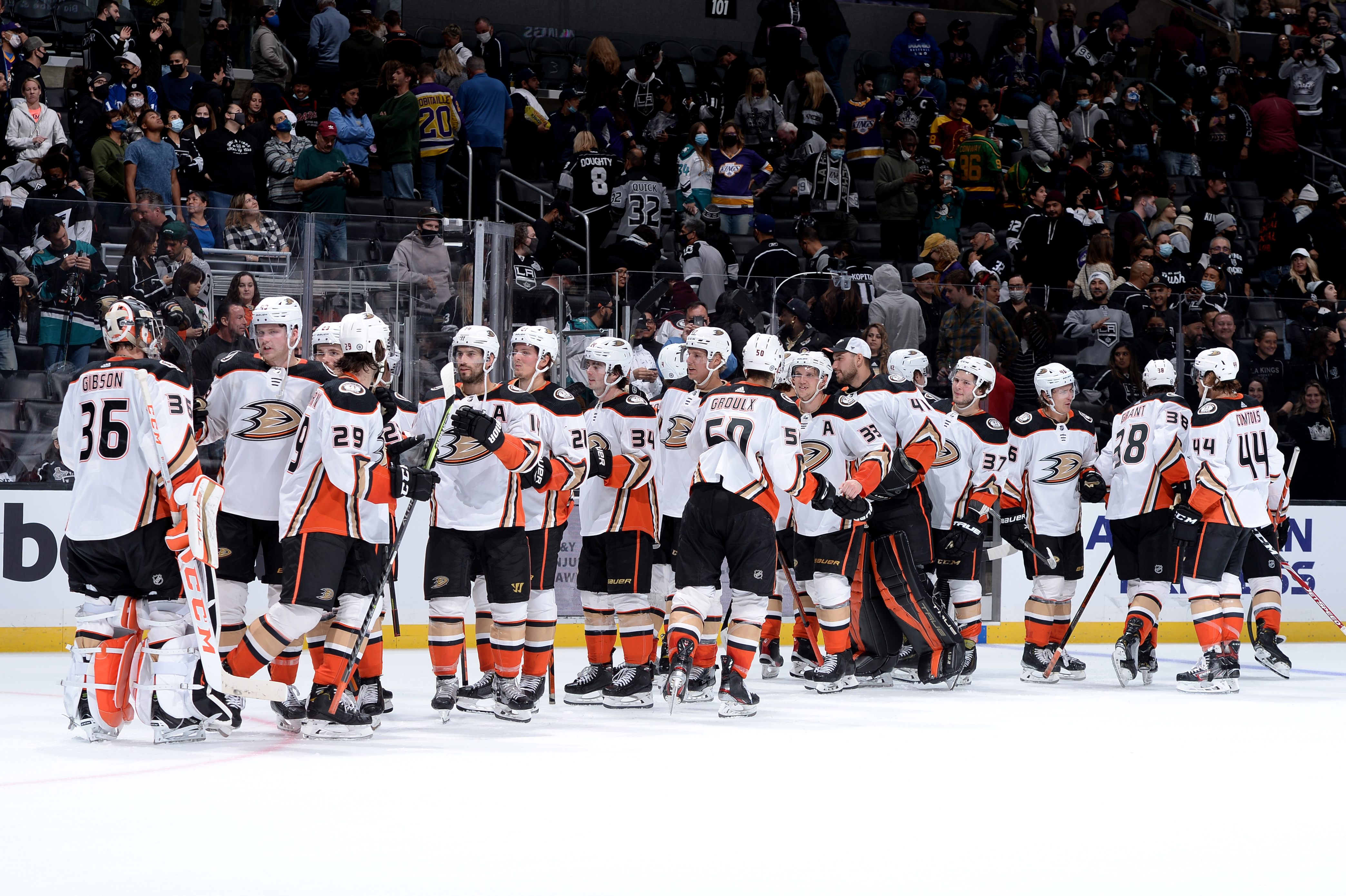 Anaheim Ducks celebrate their win during overtime against the Los Angeles Kings at STAPLES Center on October 9, 2021 in Los Angeles, California.