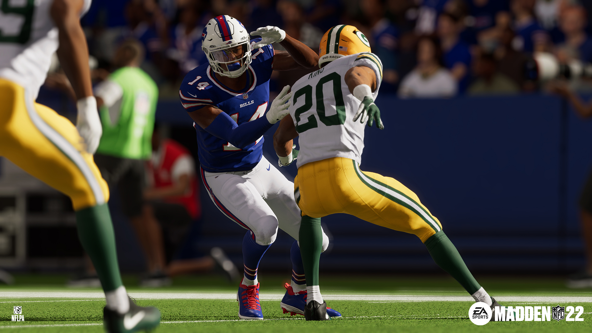 wide receiver Stefon Diggs of the Buffalo Bills fends off a Green Bay Packers defensive back in Madden NFL 22