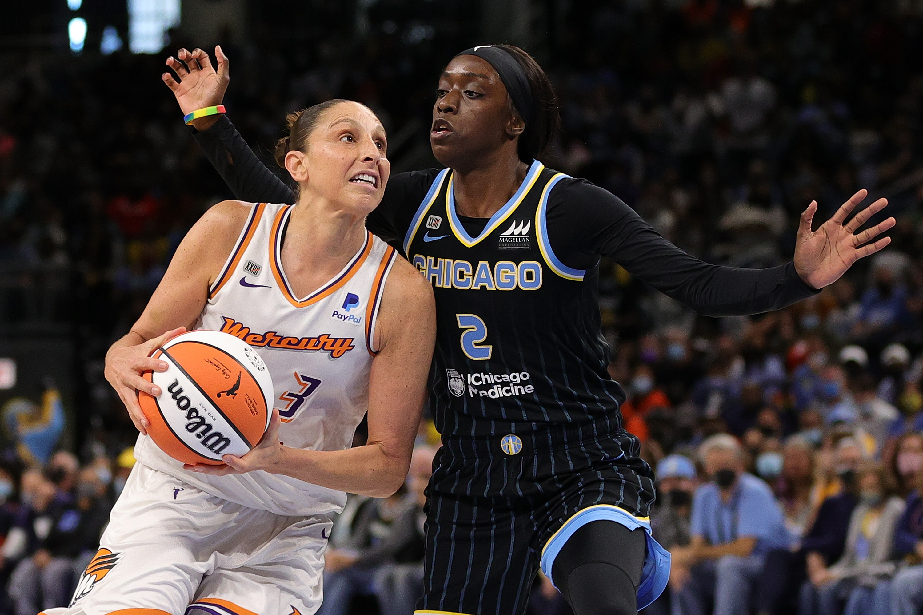 Diana Taurasi of the Phoenix Mercury drives to the basket against Kahleah Copper of the Chicago Sky during the first half of Game Four of the WNBA Finals at Wintrust Arena on October 17, 2021 in Chicago, Illinois.&nbsp;