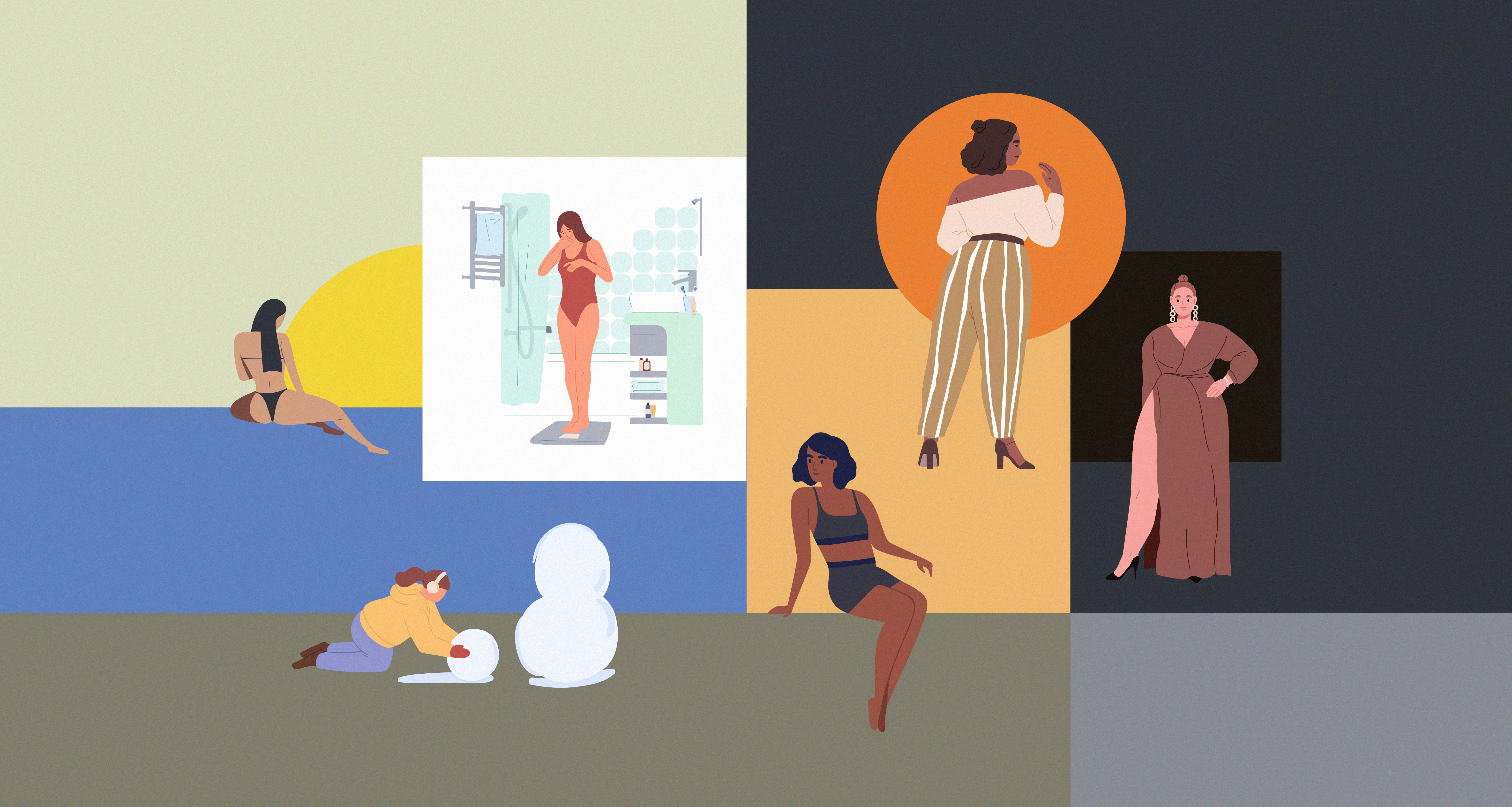Illustration of six different women in various scenes and poses.