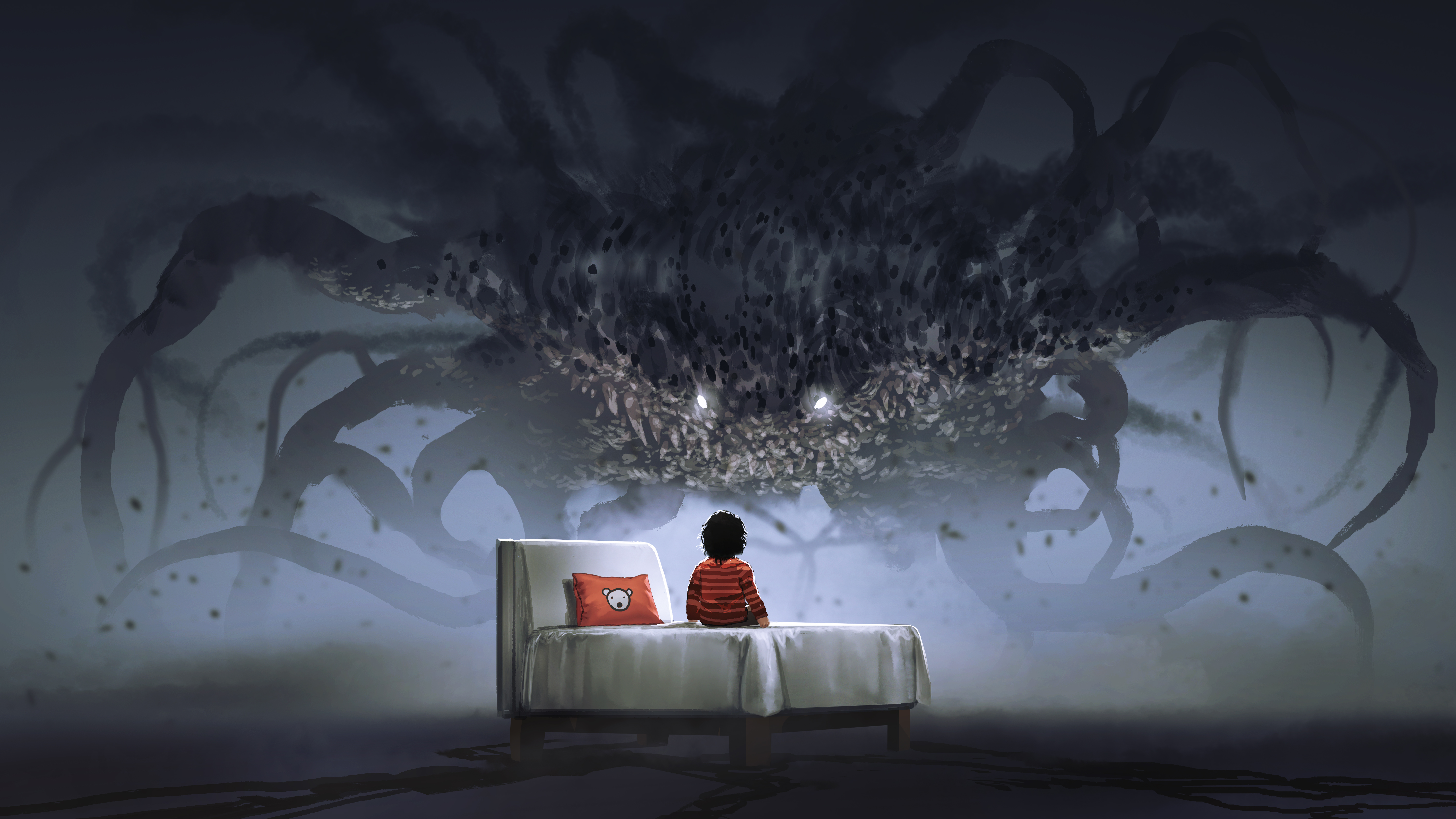 Illustration of a small child sitting on a small bed with a large tentacled monster hovering over.