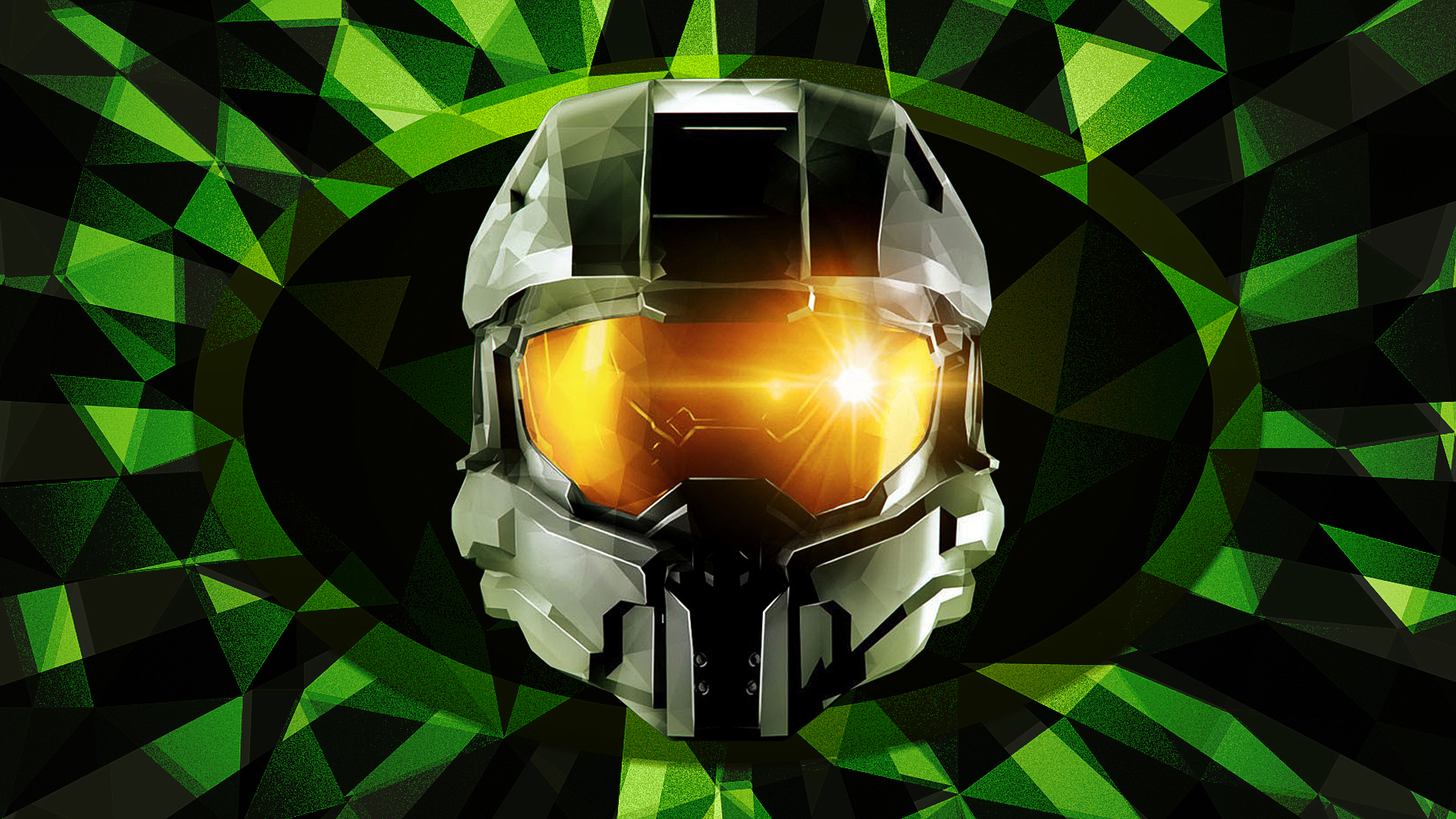 Master Chief from Halo on a graphic pixelated green background