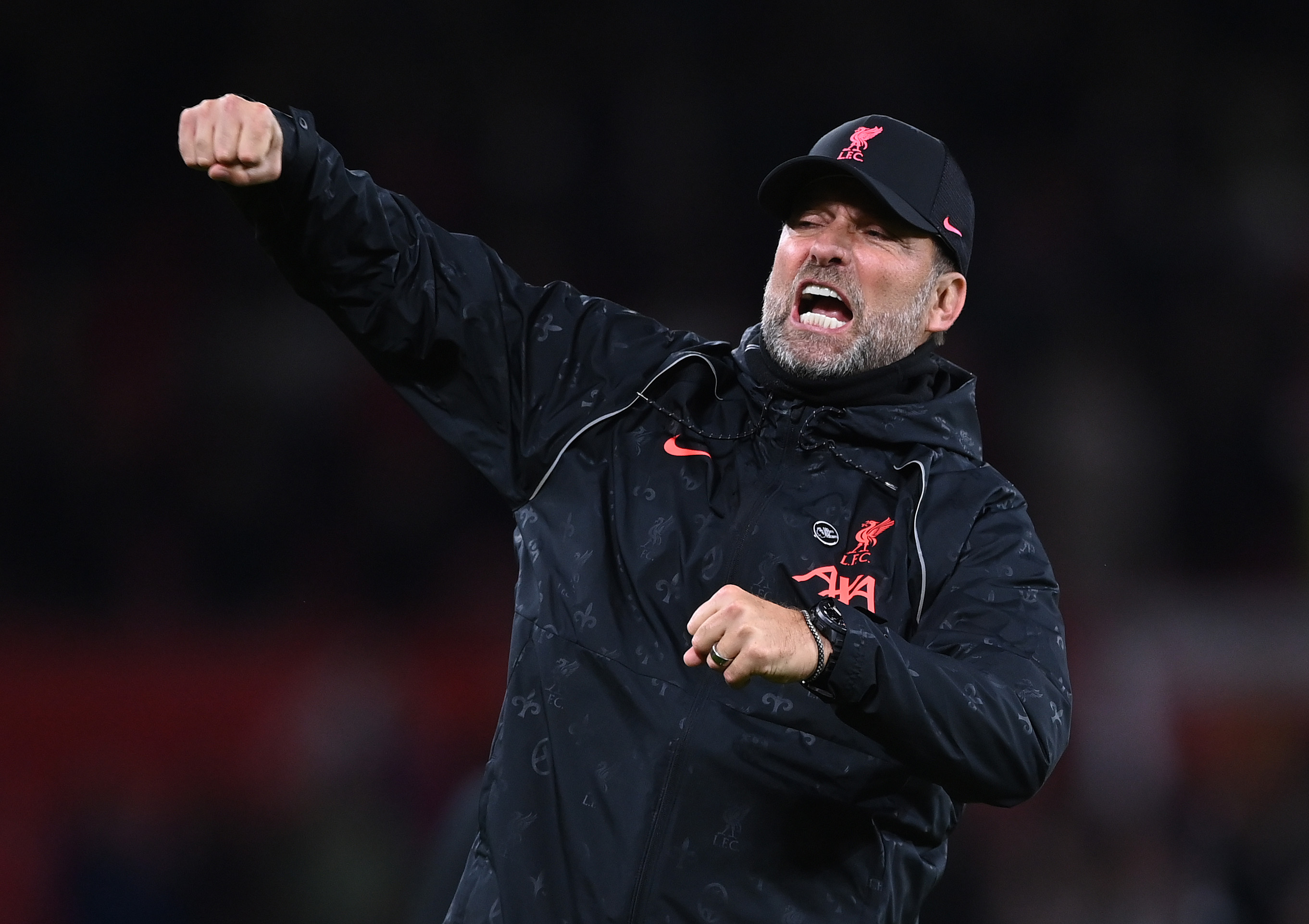 Liverpool manager Jurgen Klopp celebrates after the Premier League match between Manchester United and Liverpool at Old Trafford on October 24, 2021 in Manchester, England.
