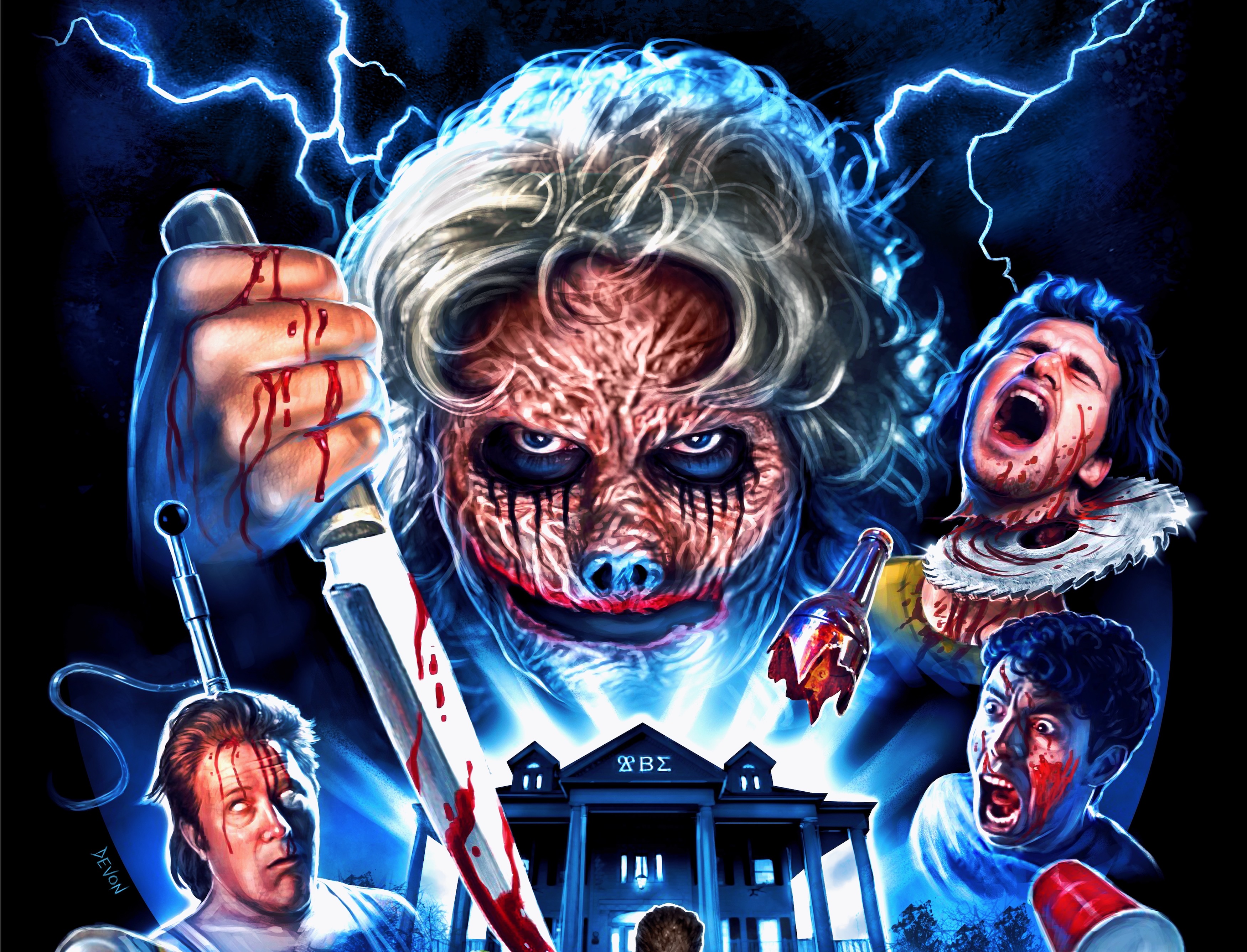 Detail from an art poster for Dude Bro Party Massacre III, with a knife-wielding, gray-haired woman covered in blood and various decapitated and mutilated bros
