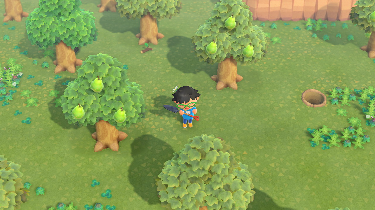 A villager in Animal Crossing: New Horizons stands among some trees