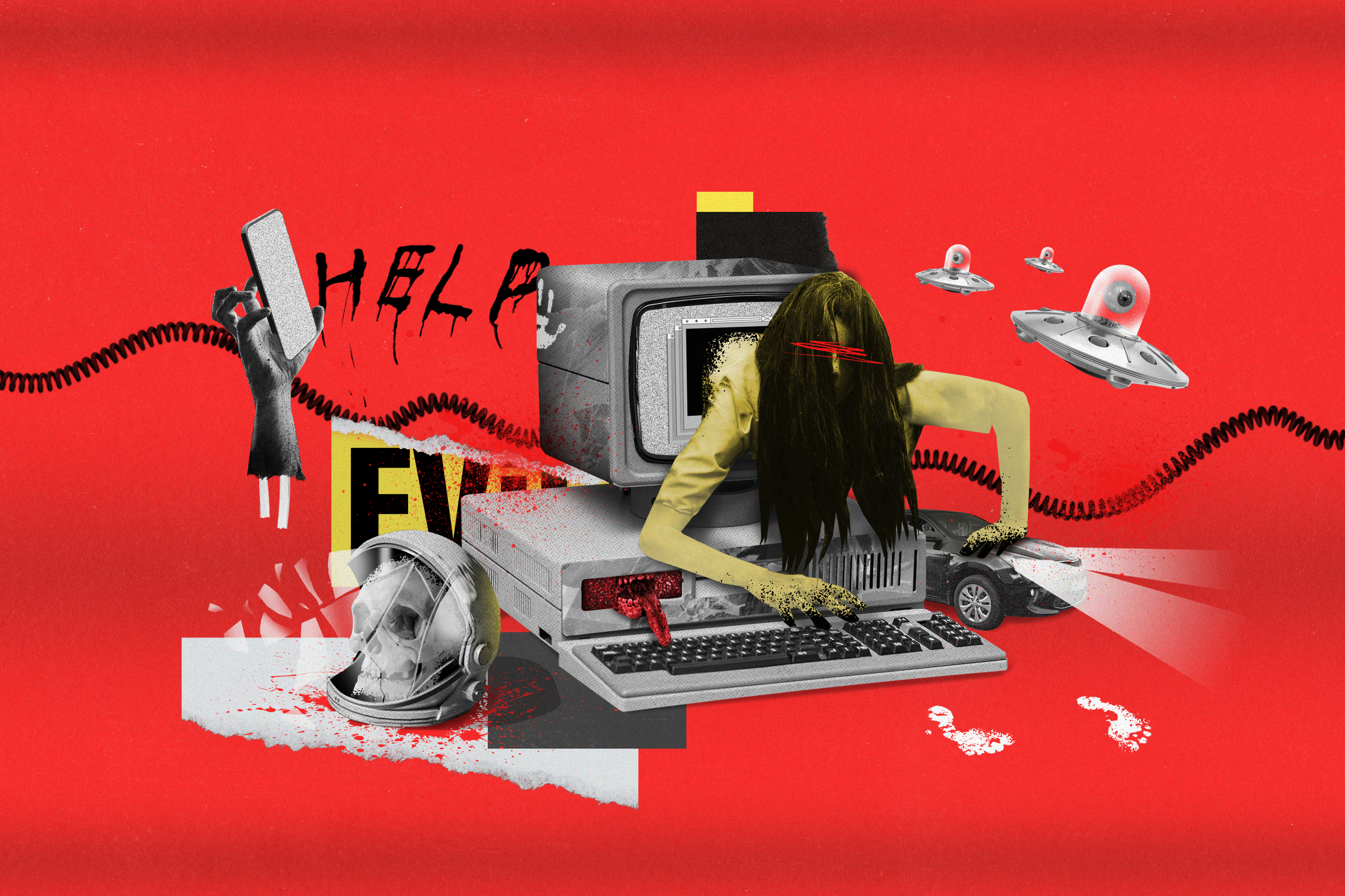 Collage featuring TV with a scary woman crawling through the screen and severed hand holding a cell phone
