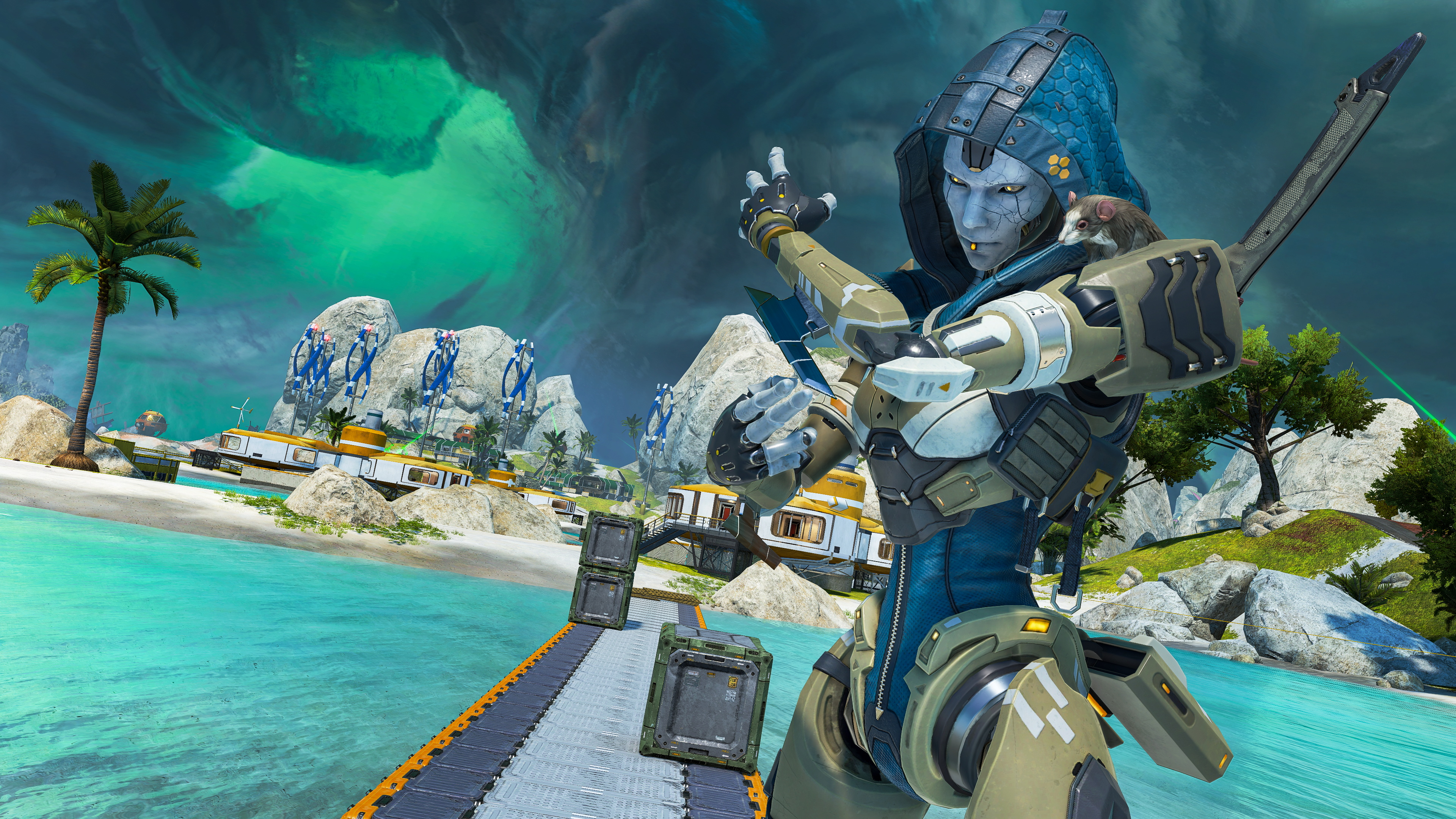Ash, the newest character in Apex Legends, in front of the Barometer station at the center of the Storm Point map.