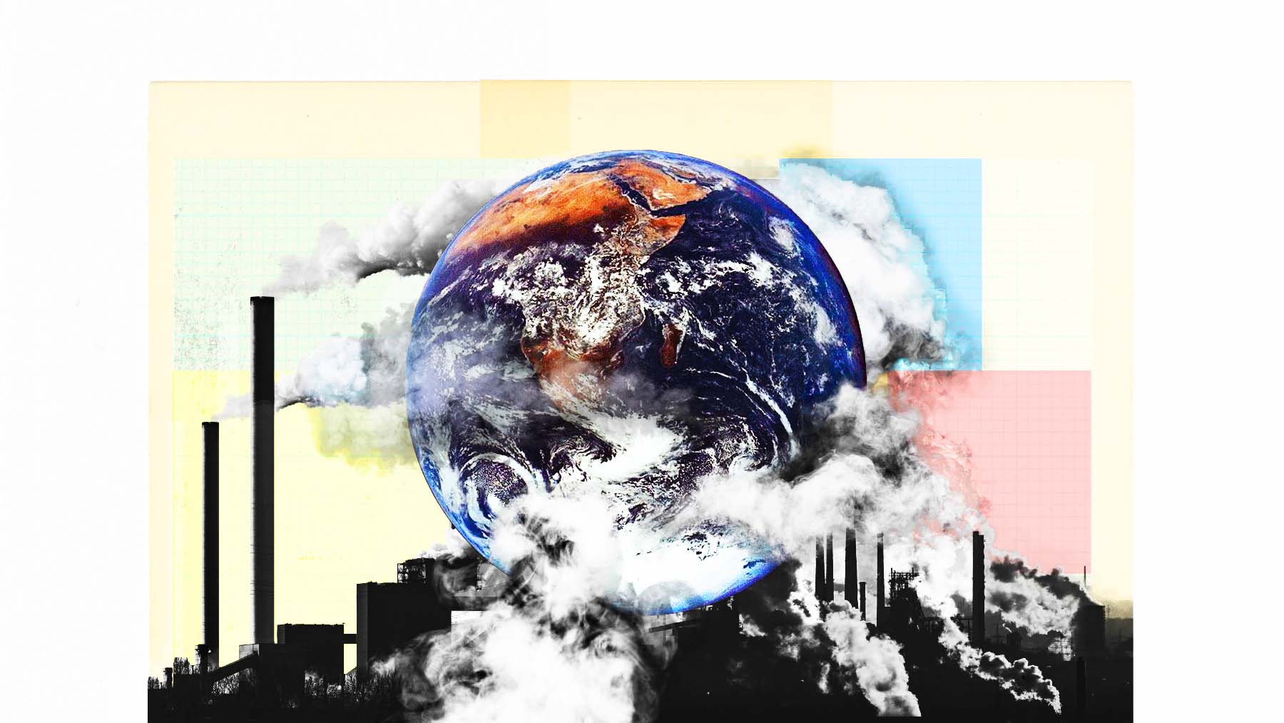 An illustration of Earth superimposed on smokestacks