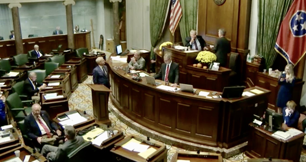 People circulate in the Senate chambers of the Tennessee General Assembly