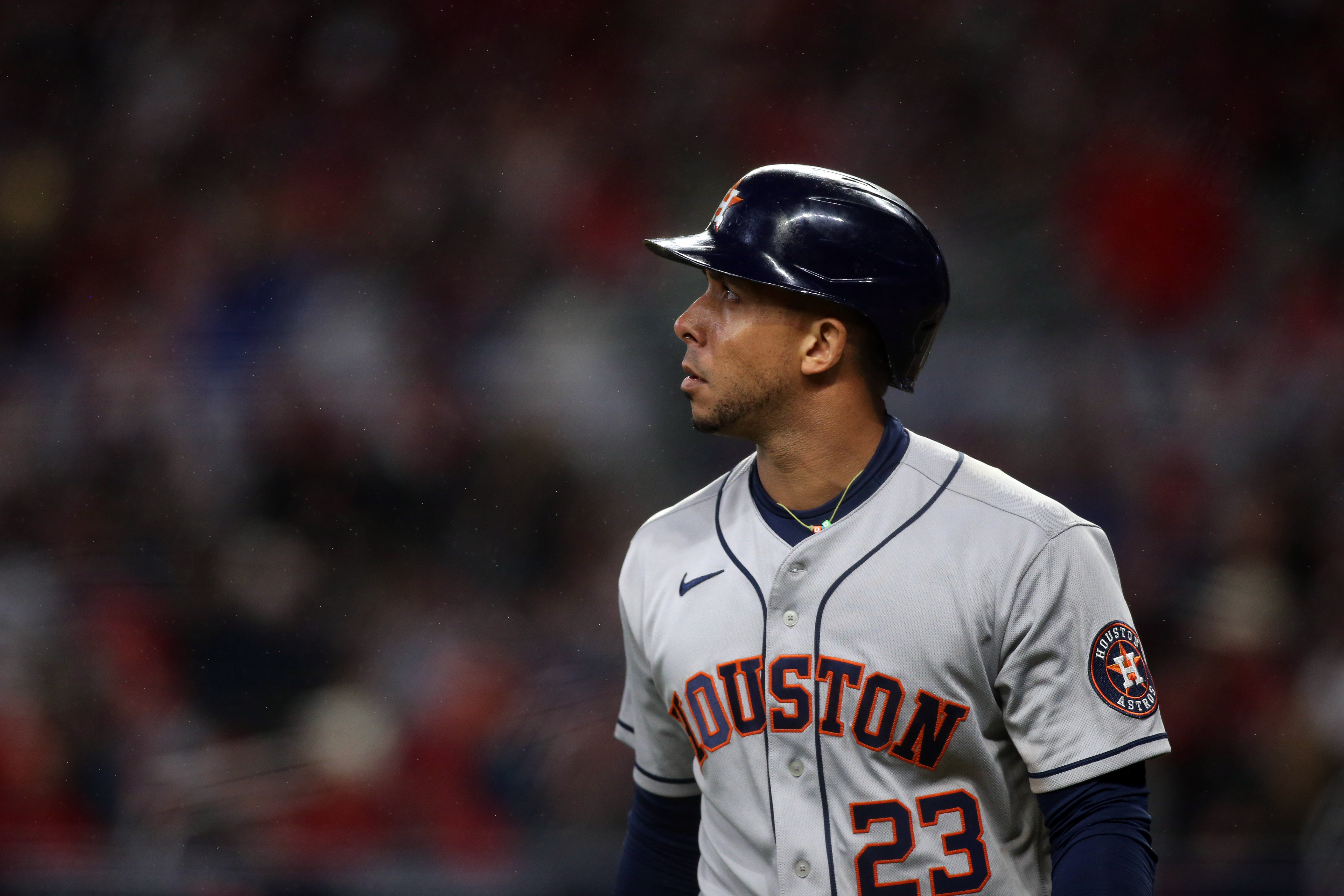 Houston Astros left fielder Michael Brantley (23) reacts after striking out during the fourth inning against the Atlanta Braves during game three of the 2021 World Series at Truist Park.
