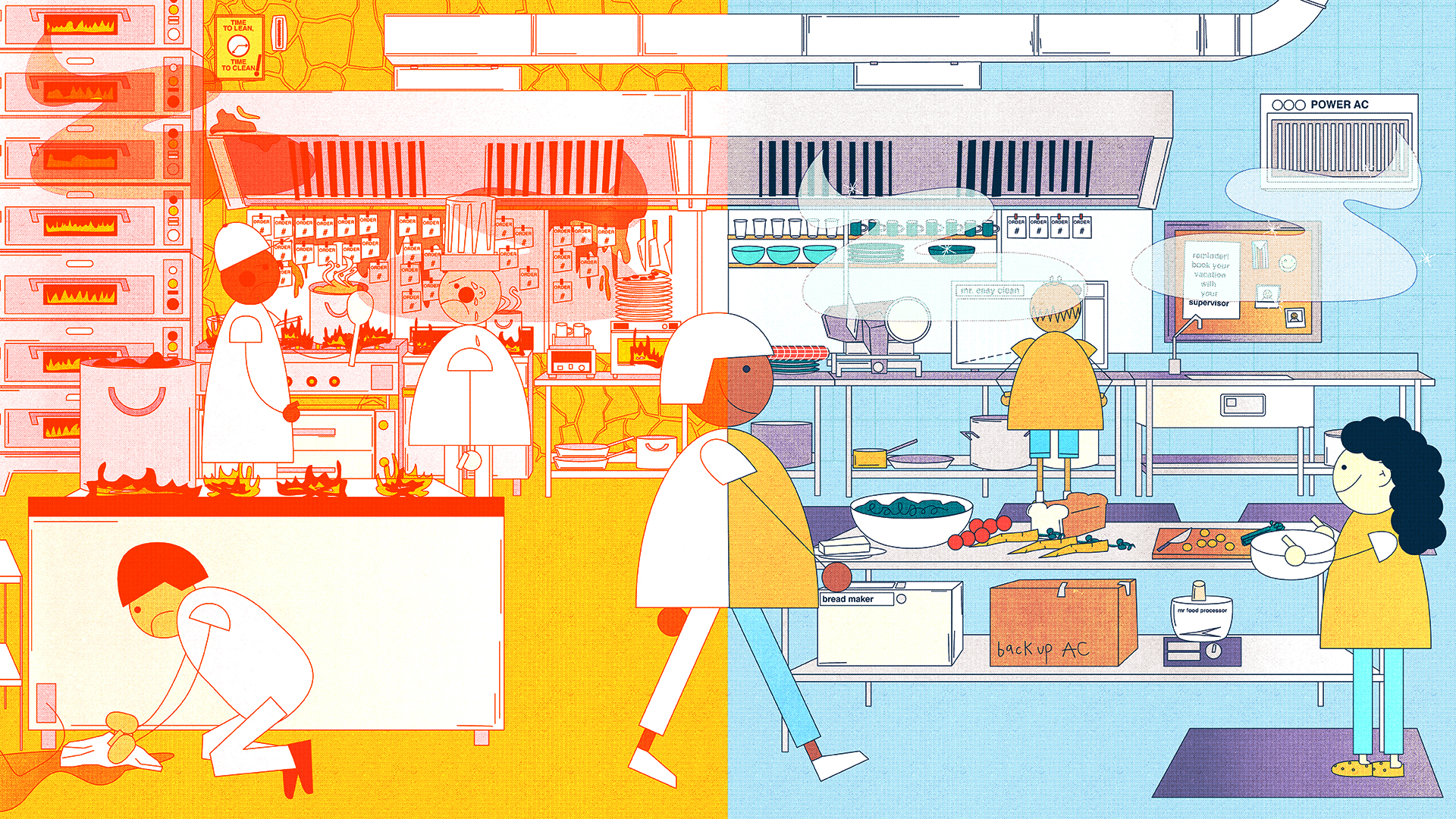 Illustration of a female cook walking from a hot kitchen where a chef is yelling into a cool kitchen with a sign reminding workers to book their vacation and a smiling coworker.