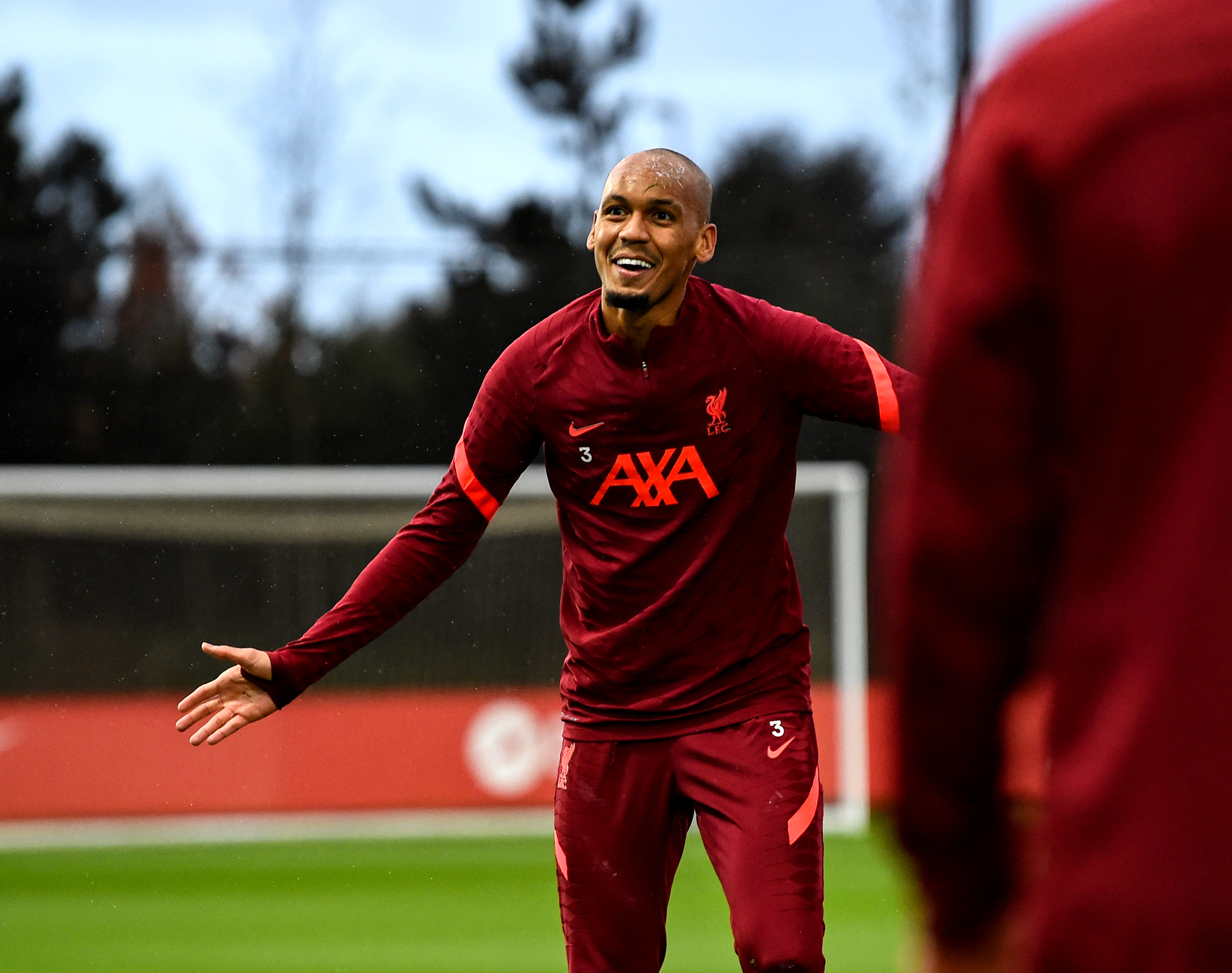 Fabinho of Liverpool during a training session at AXA Training Centre on November 01, 2021 in Kirkby, England.