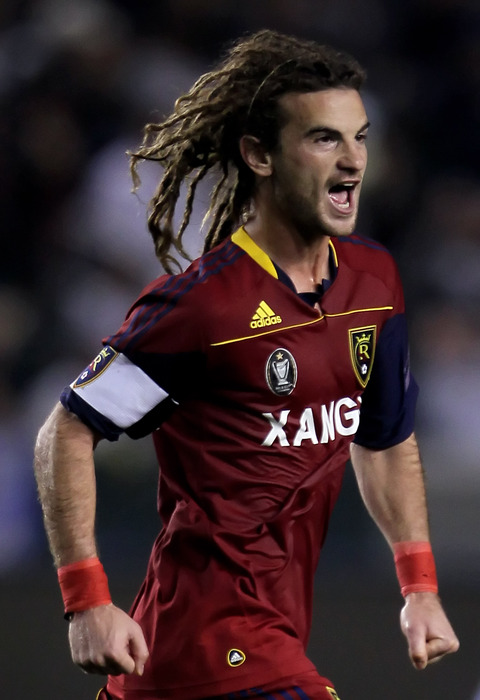 CARSON, CA - APRIL 17:  Kyle Beckerman #5 of Real Salt Lake celebrates after scoring a goal in the first half against the Los Angeles Galaxy at the Home Depot Center on April 17, 2010 in Carson, California.  (Photo by Jeff Gross/Getty Images)