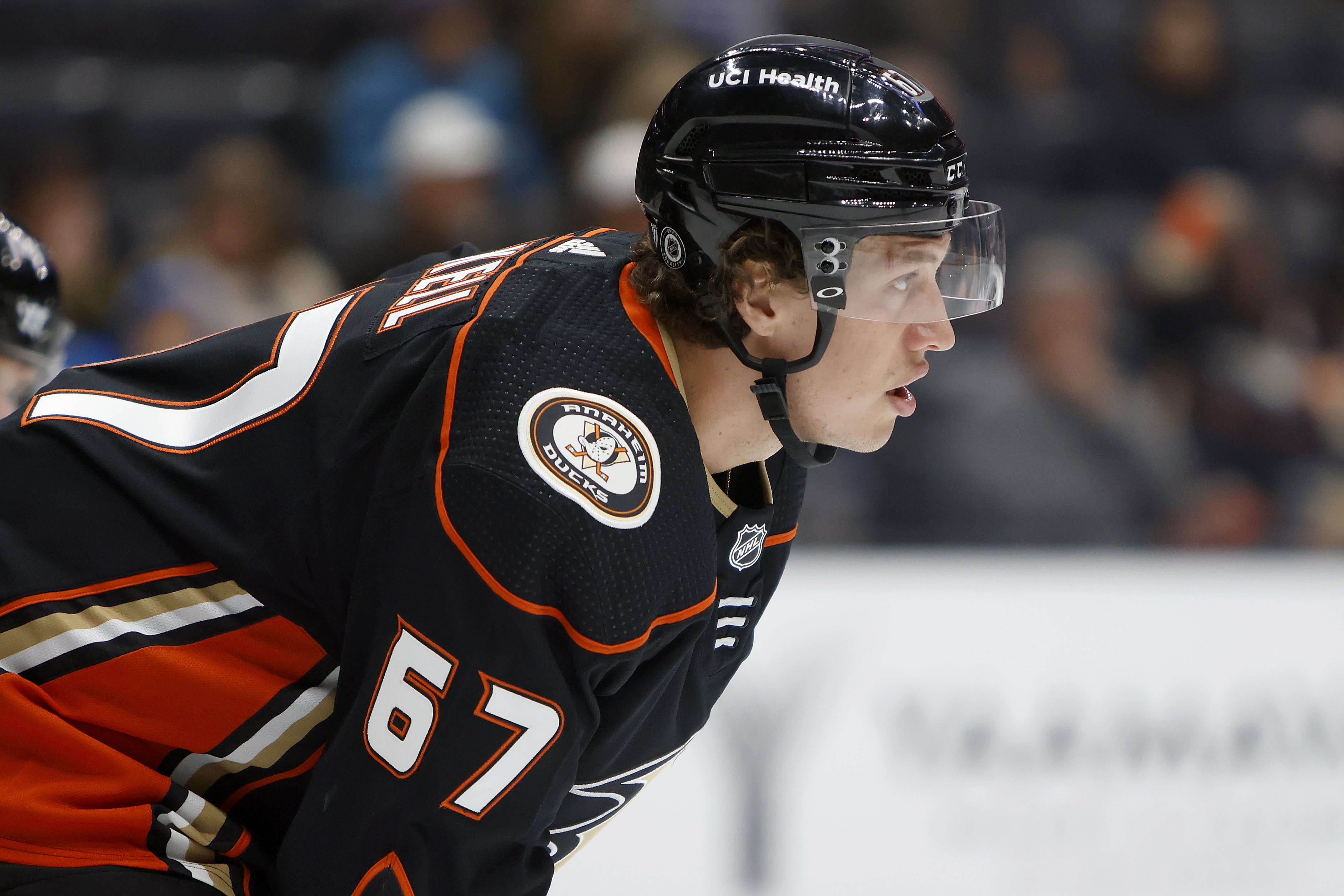 Rickard Rakell #67 of the Anaheim Ducks looks on during the second period of a game against the Winnipeg Jets at Honda Center on October 26, 2021 in Anaheim, California.
