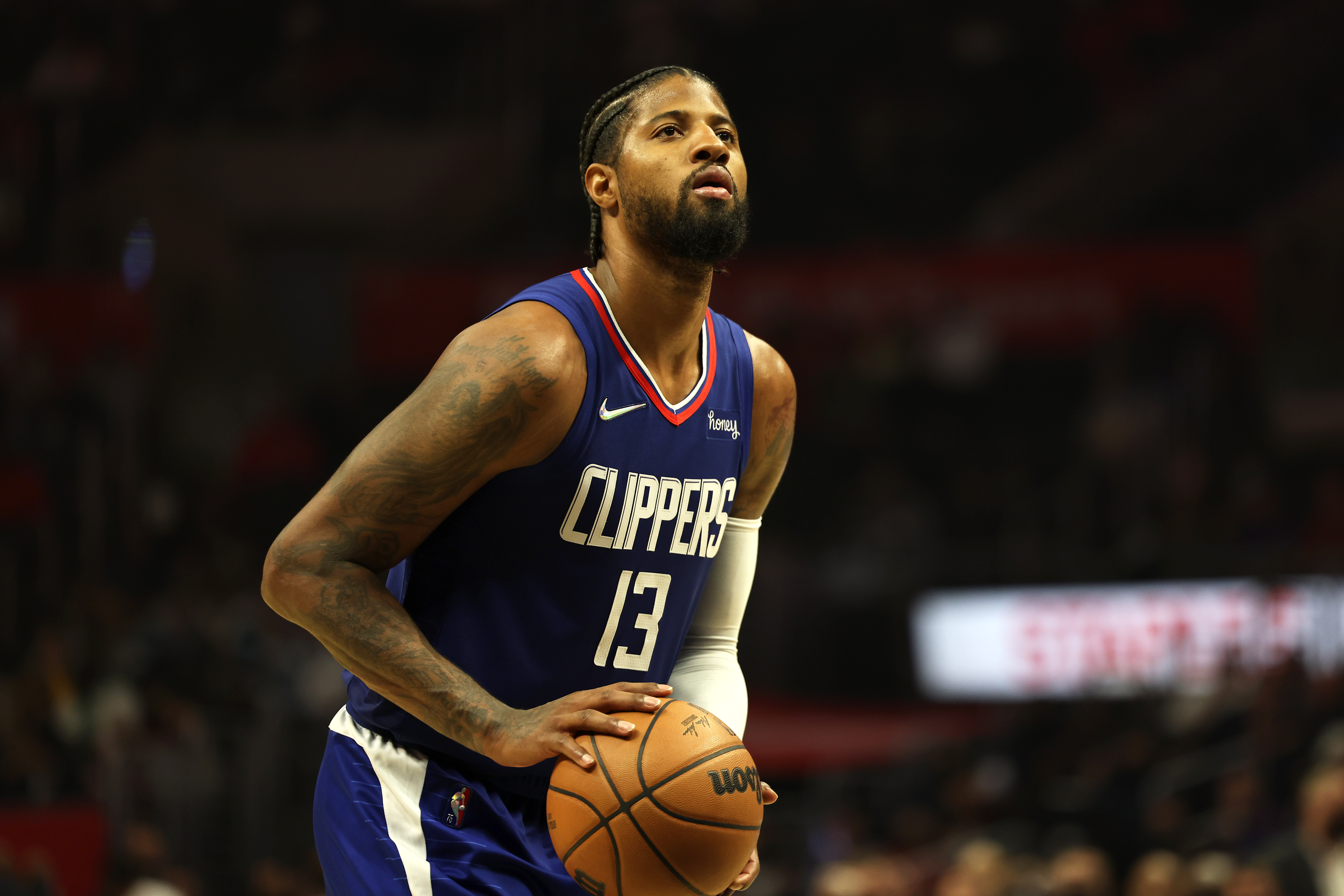 Paul George #13 of the LA Clippers shoots a free throw against the Oklahoma City Thunder on November 1, 2021 at STAPLES Center in Los Angeles, California.