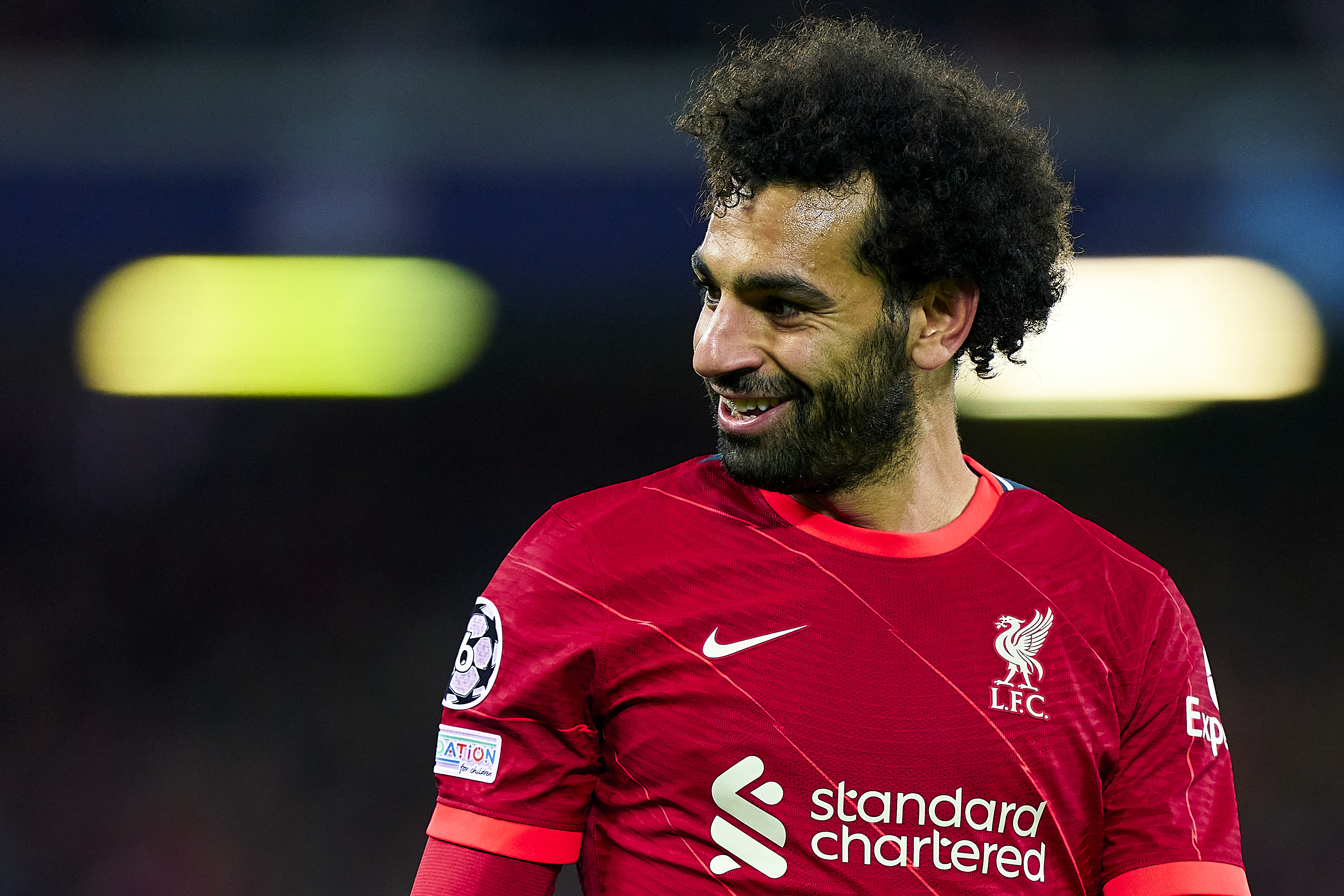 Mohamed Salah of Liverpool FC looks on during the UEFA Champions League group B match between Liverpool FC and Atletico Madrid at Anfield on November 03, 2021 in Liverpool, England.