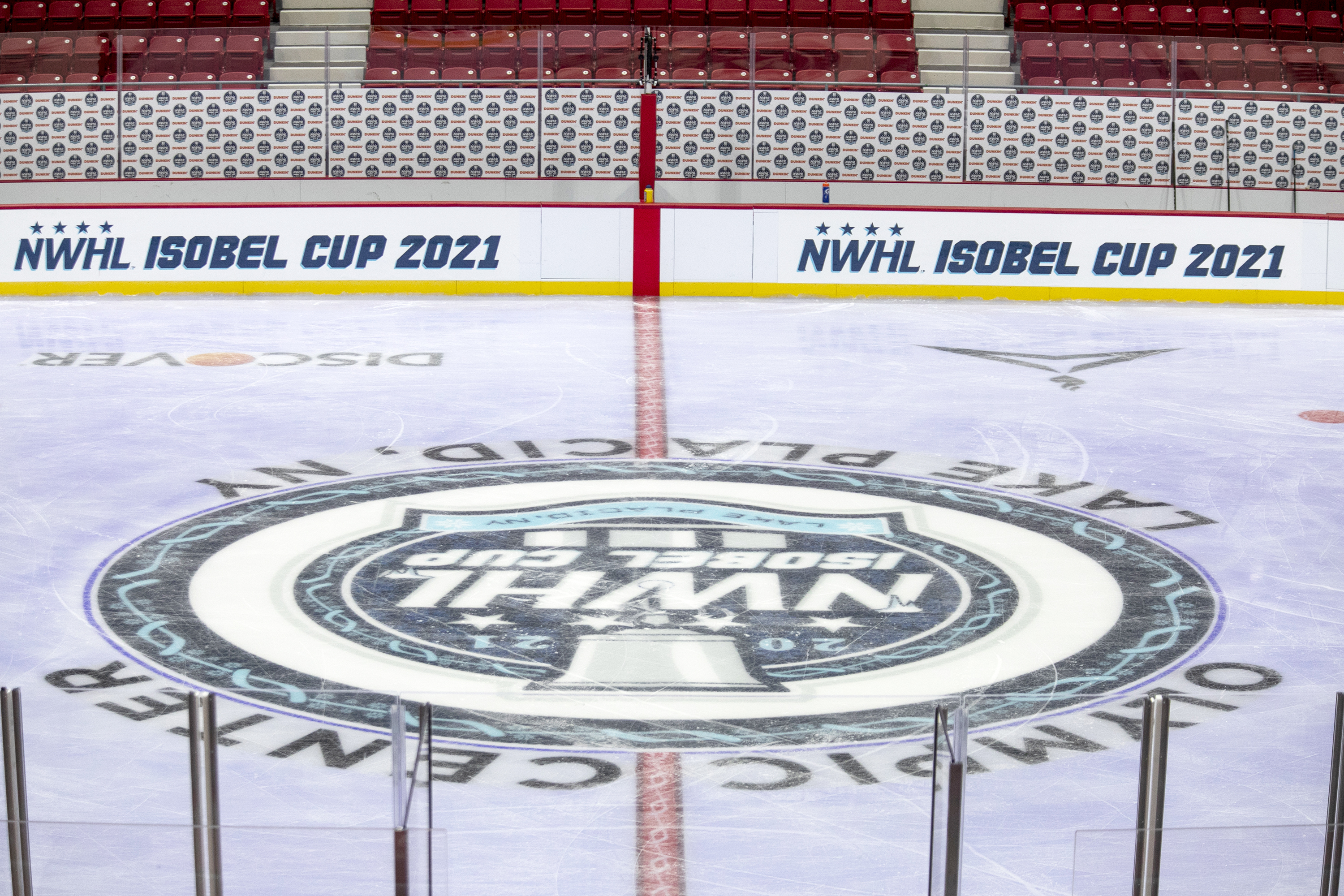 The NWHL logo on the ice at the 1980 Rink-Herb Brooks Arena in Lake Placid, NY on Jan. 22, 2021.