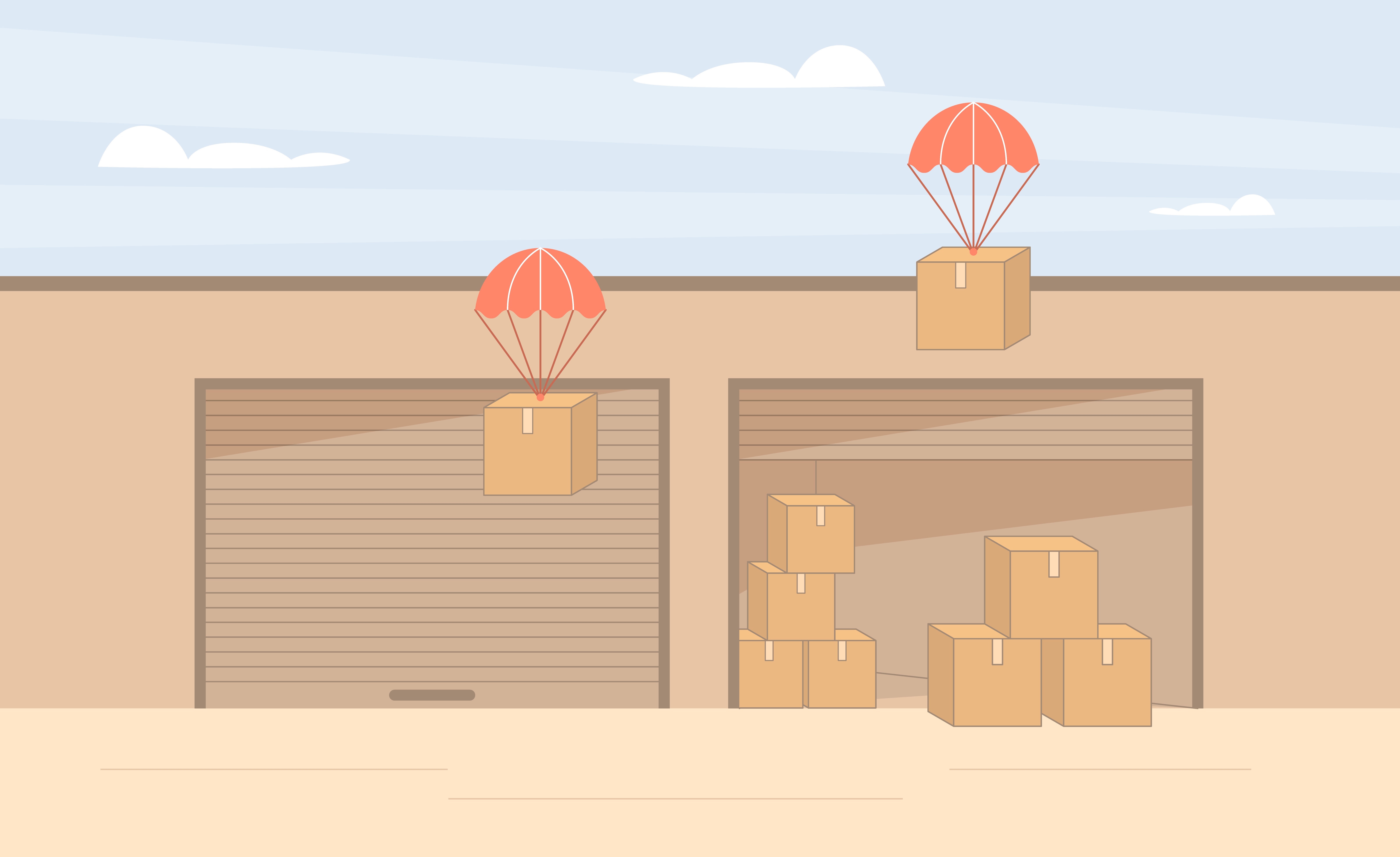 An illustration of small parachutes attached to packages descending on a warehouse.