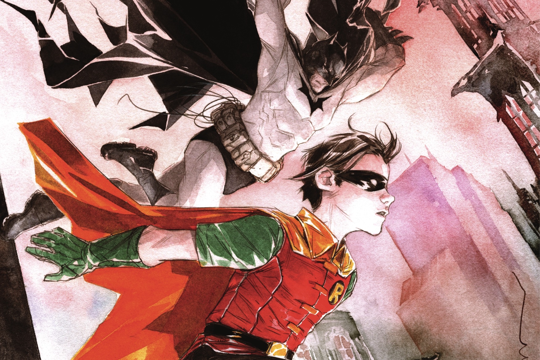 Batman and Robin swing through the skies of Gotham city, rendered in watercolors on the cover of Robin &amp; Batman #1 (2021).