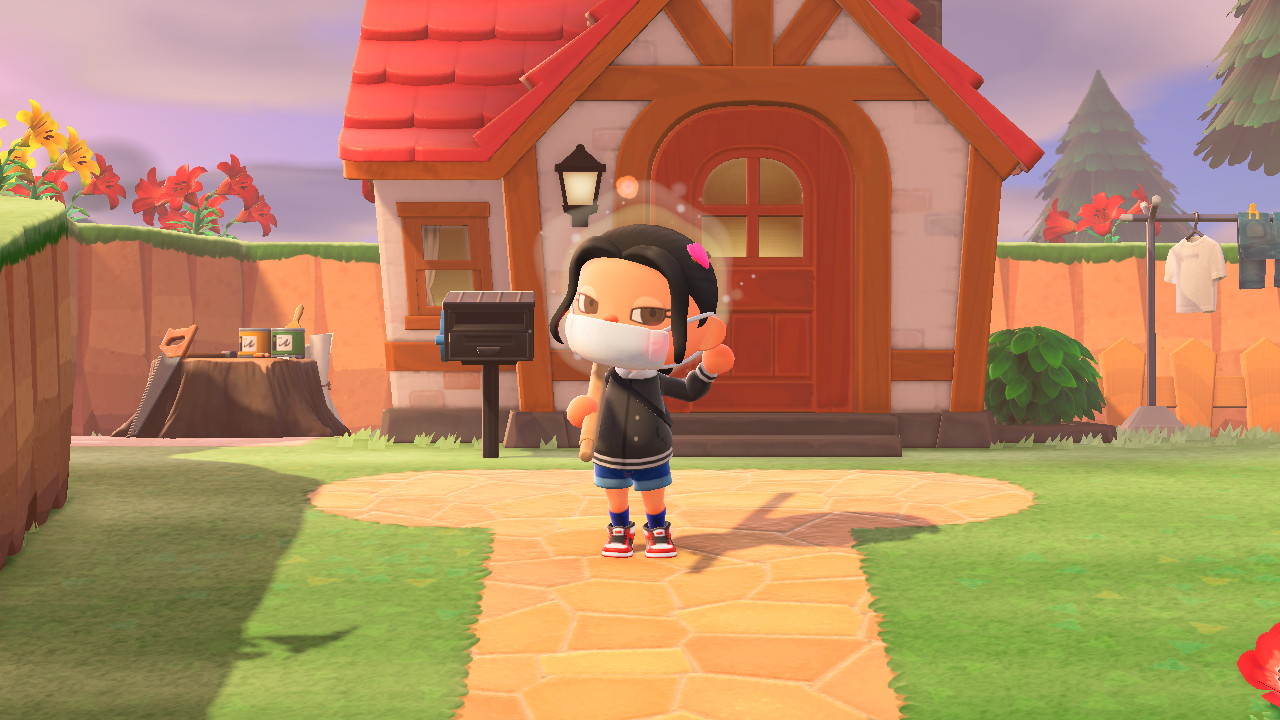 An Animal Crossing character blushes in front of her home