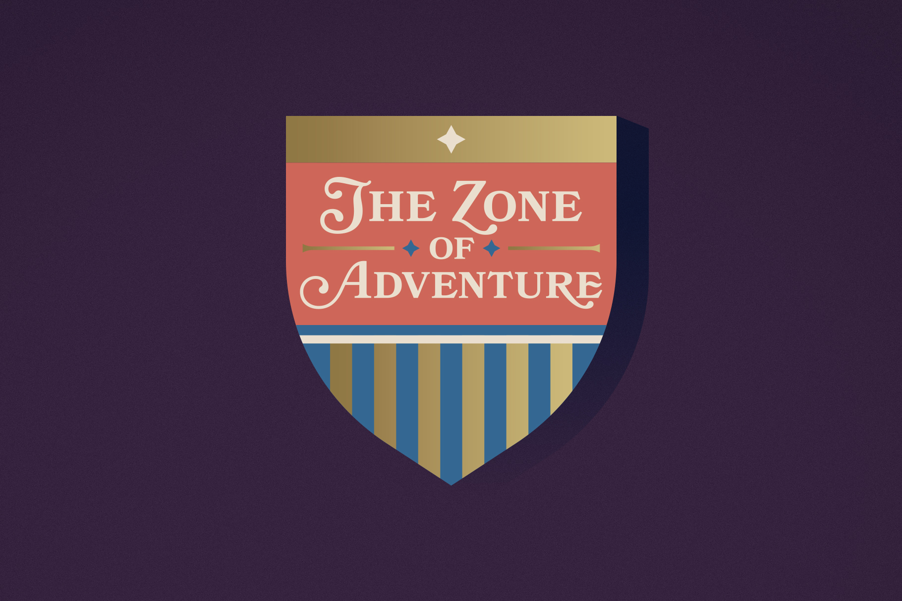 An illustrated shield with blue and gold vertical bars at the bottom and a horizontal gold bar at the top. In the middle is a red field with the text “The Zone of Adventure”. The background of the image is dark purple.