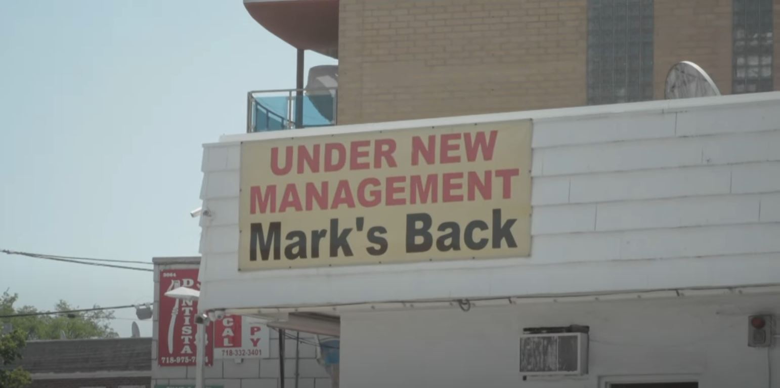 A sign in New York City announces “Mark’s Back”
