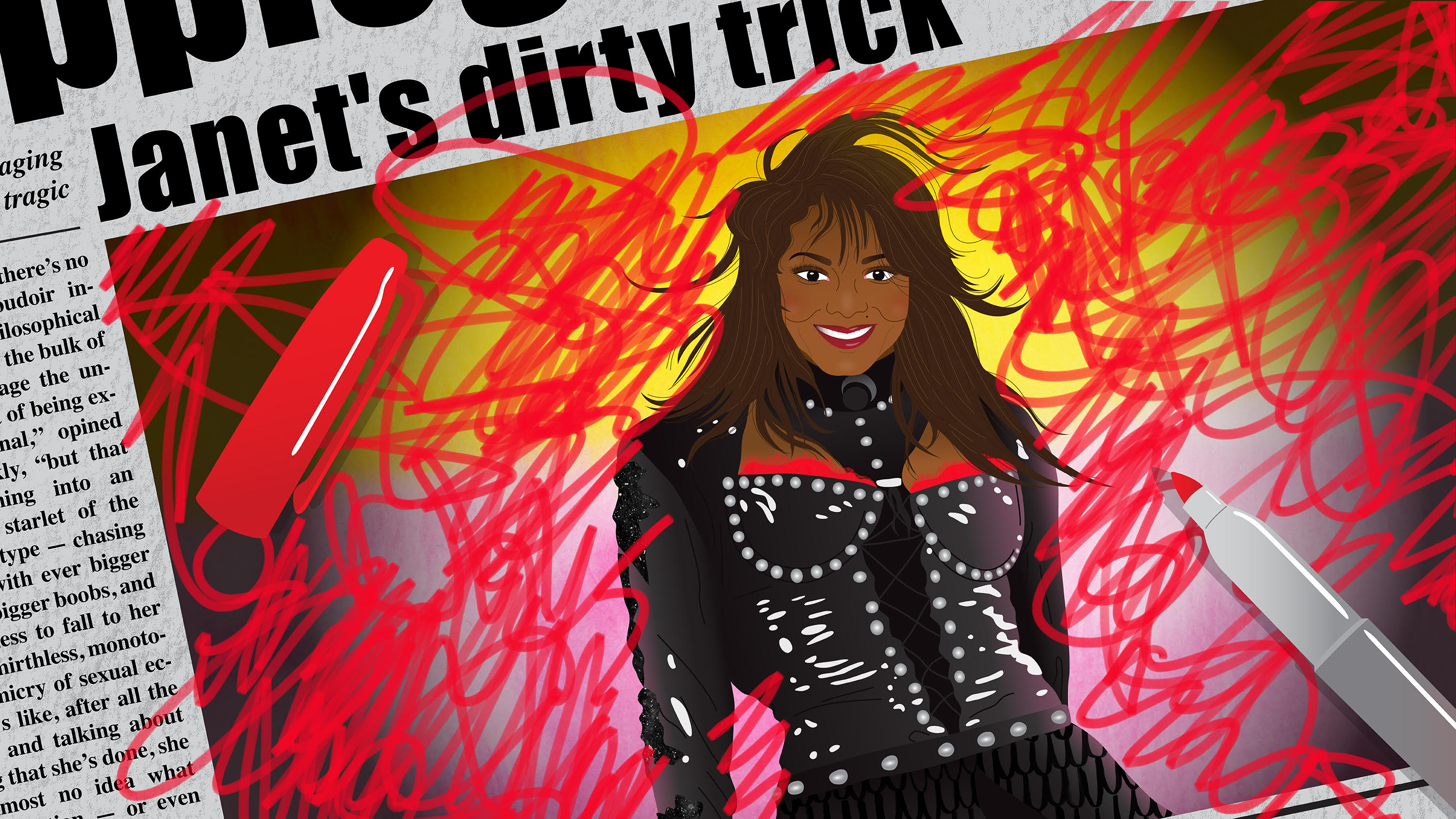 An illustration of a newspaper showing a Janet Jackson photo and the headline “janet’s dirty trick,” with furious scribbling of pink highlighter on the Janet photo.