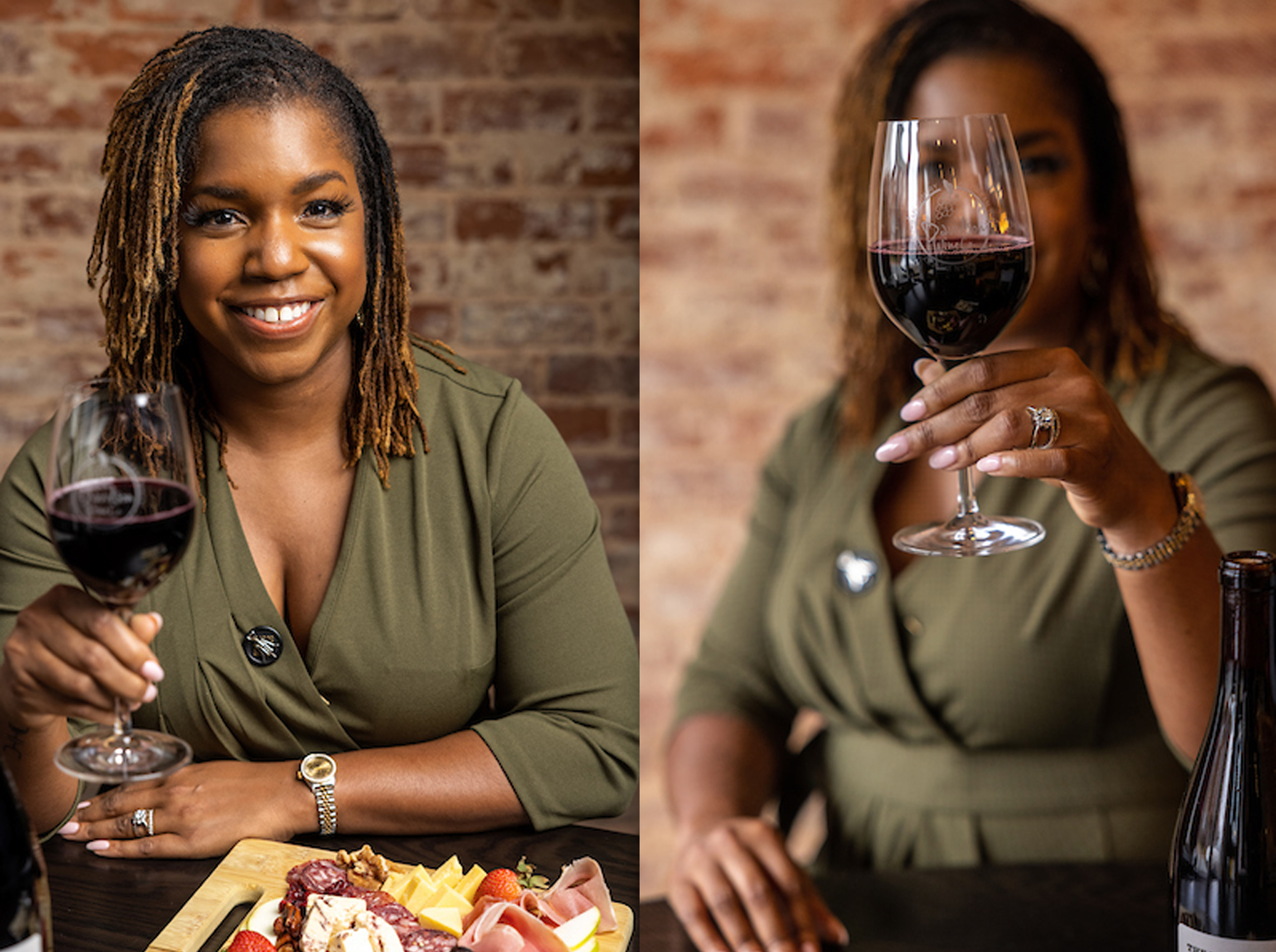 Black woman holding a glass of wine, smiling. 