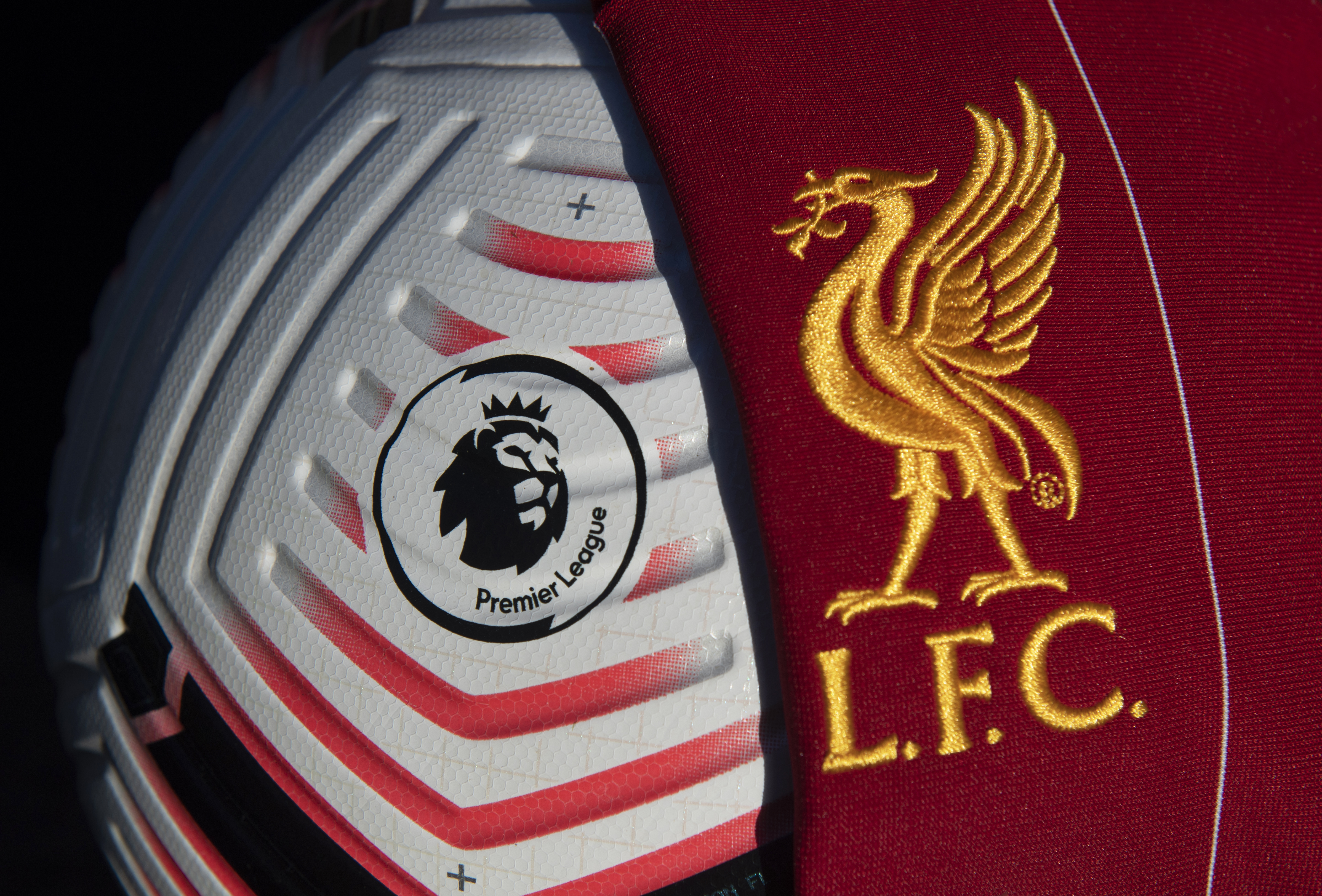 The Official Nike Premier League match ball for the 2020/21 season with the Liverpool badge on a home shirt on 13th November, 2020 in Manchester, United Kingdom.  &nbsp;   