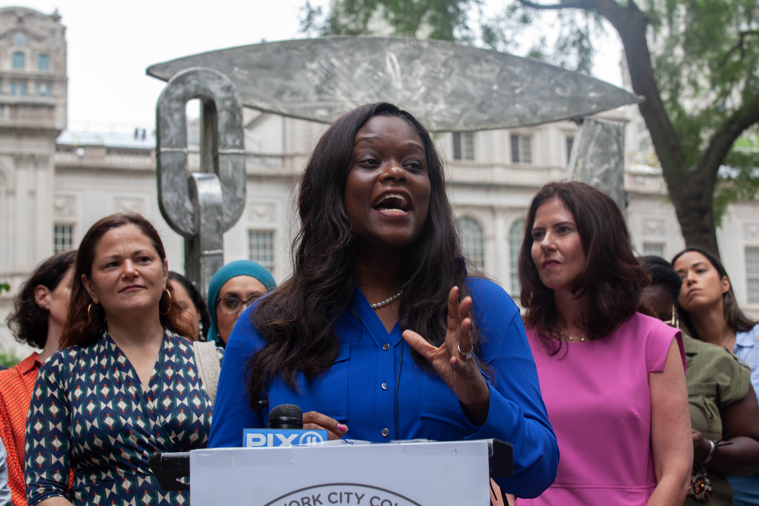 State Assemblymember Rodneyse Bichotte Hermelyn speaks at a rally in City Hall Park supporting female candidates, July 13, 2021.