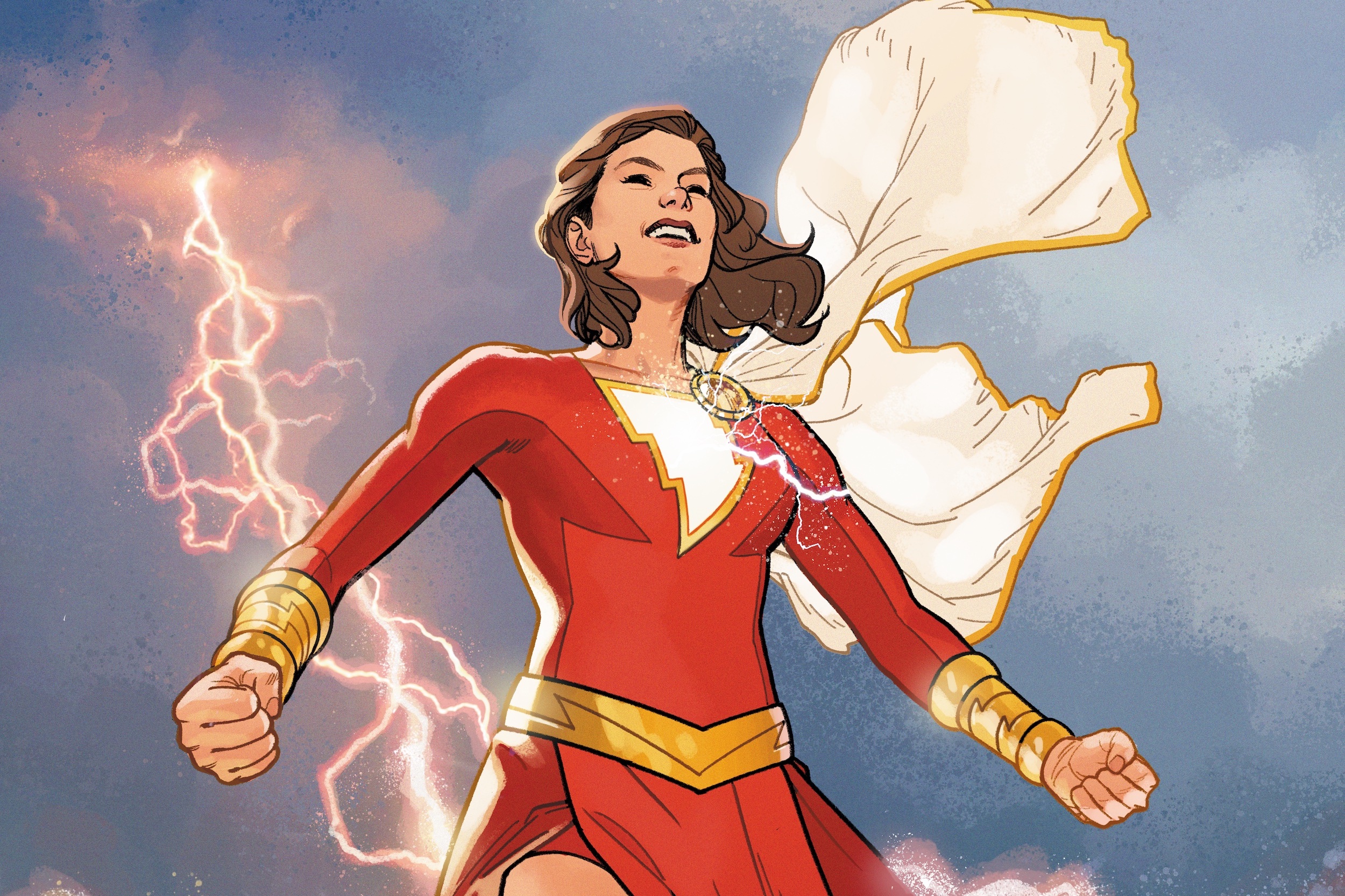Mary Bromfield suited up in her superhero form using the power of Shazam on the cover of The New Champion of Shazam! #1 (2022).