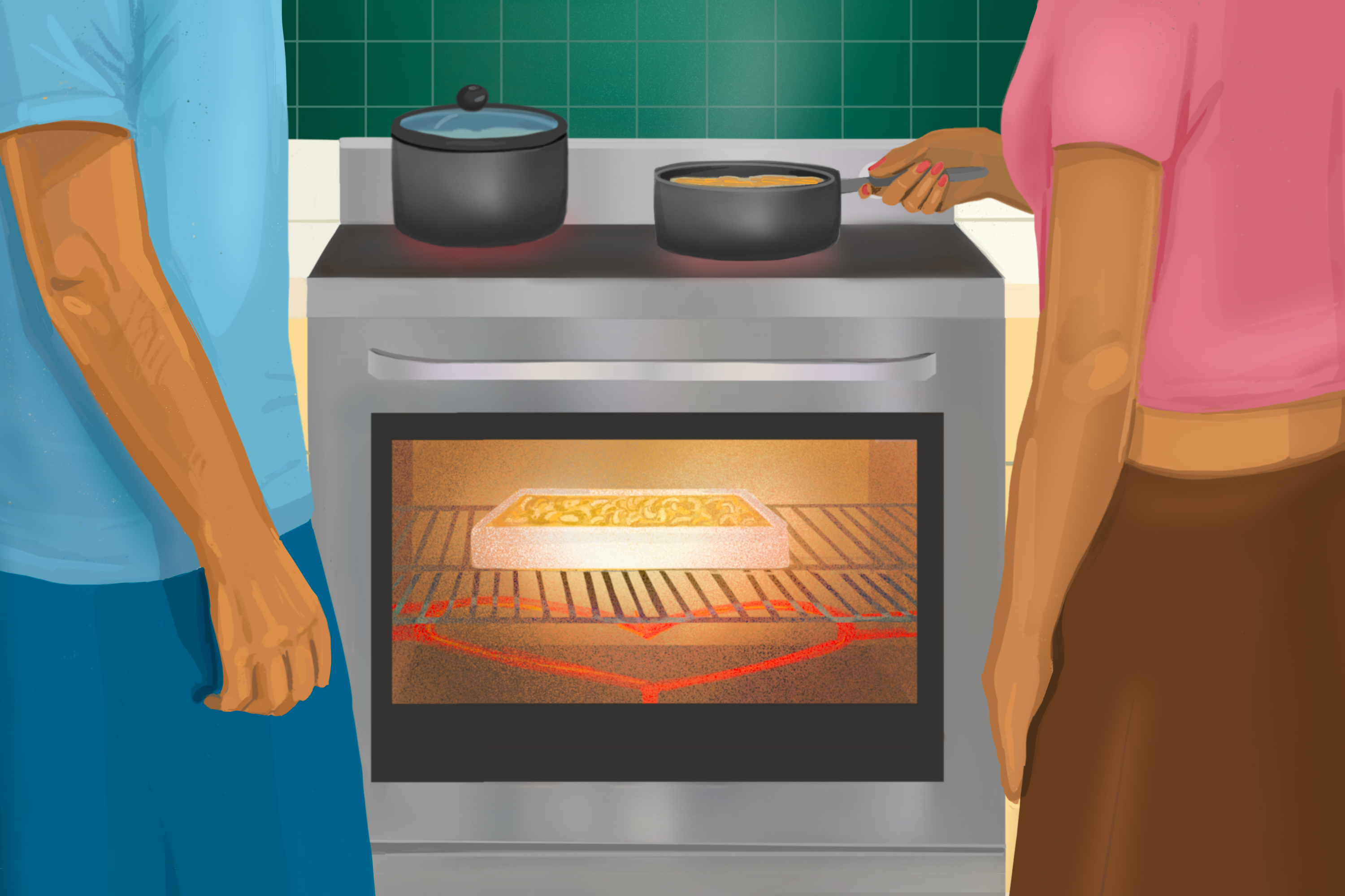 Two individuals stand near an oven, tending pots on the stove top. In the oven there is a casserole dish of macaroni and cheese baking above a heart-shaped coil. Illustration.