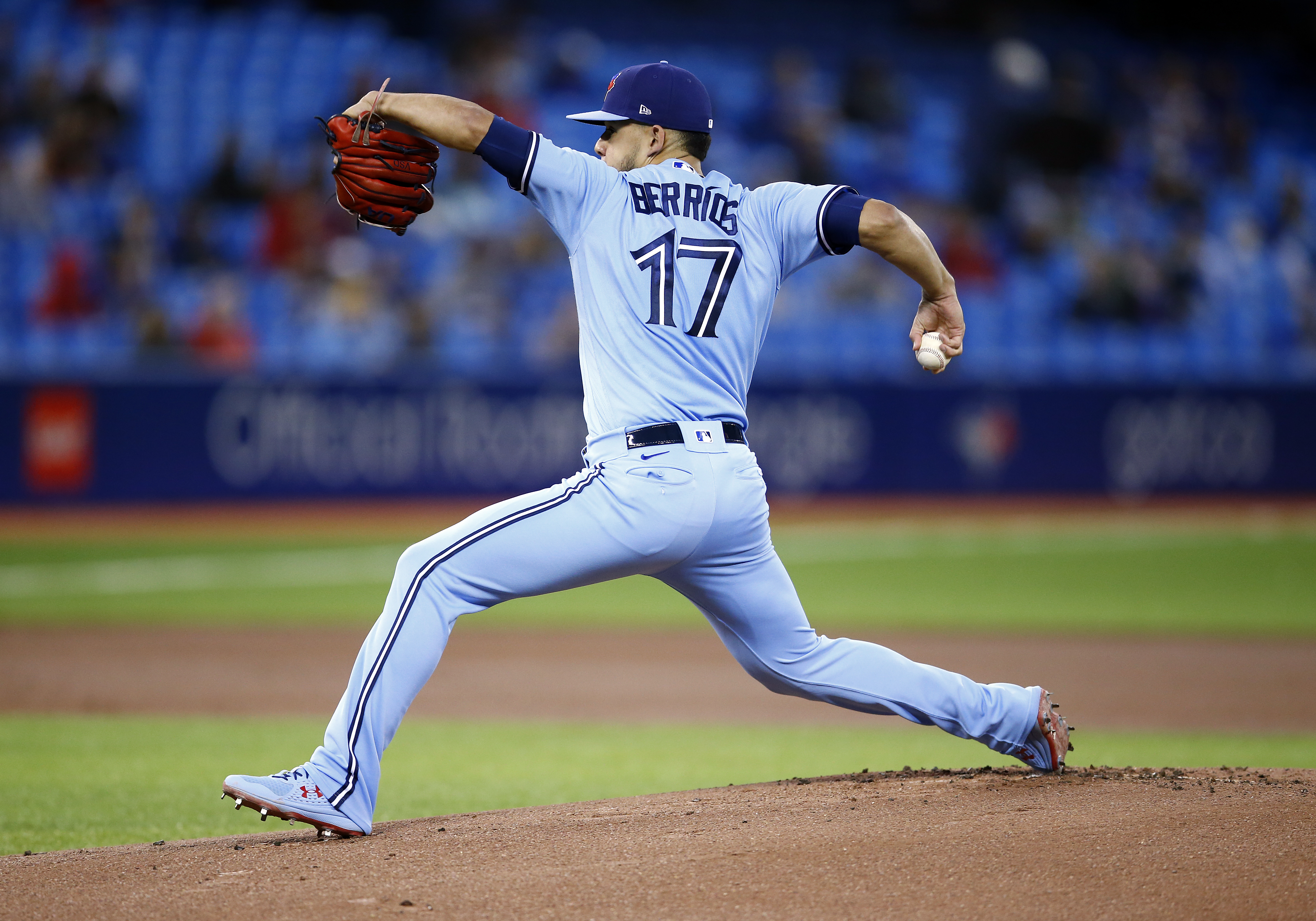 Jose Berrios #17 of the Toronto Blue Jays delivers a pitch in the first inning during a MLB game against the New York Yankees at Rogers Centre on September 29, 2021 in Toronto, Ontario, Canada.