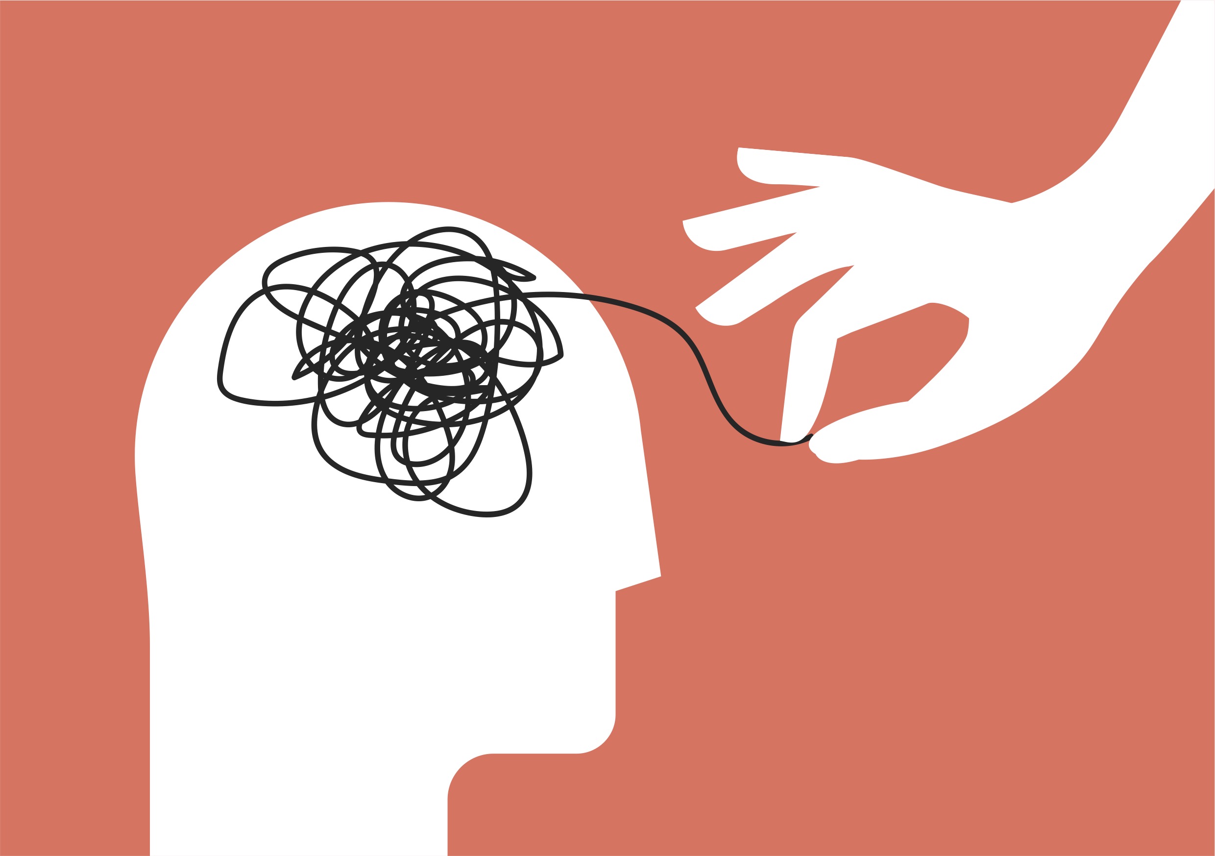 An illustration of a hand pulling a many-knotted string out of an outline of a head.