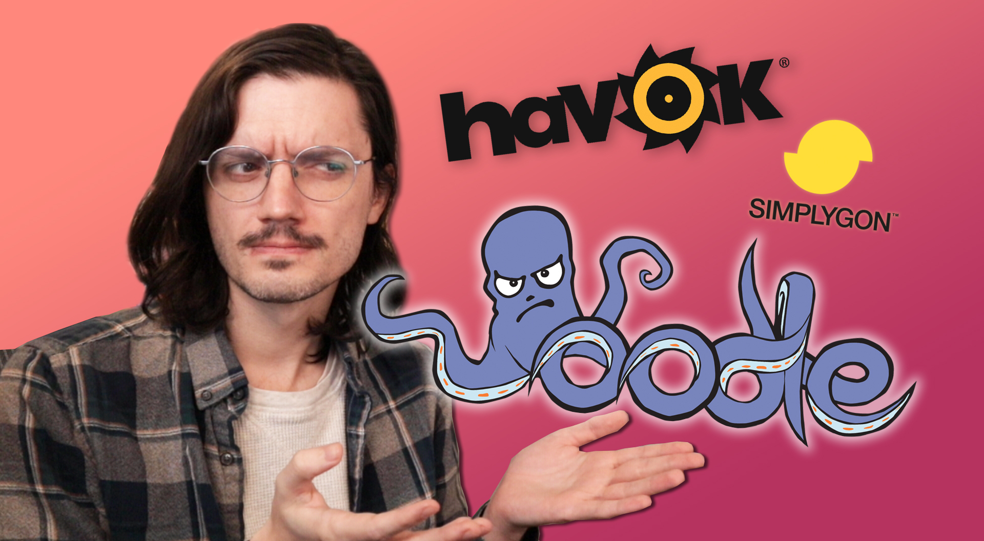 Polygon video producer Patrick Gill makes a stupid youtube thumbnail face while gesturing towards the logos for game middleware tools Oodle, Havok, and Simplygon
