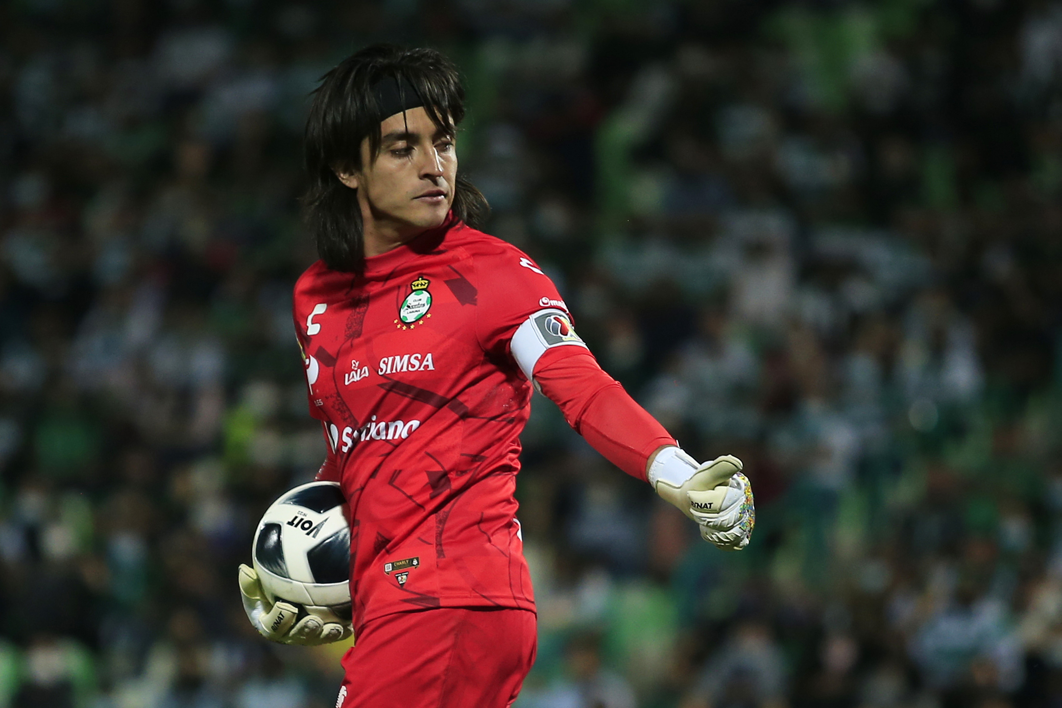 Carlos Acevedo, goalkeeper of Santos, controls the ball during the 17th round match between Santos Laguna and Atletico San Luis as part of the Torneo Grita Mexico A21 Liga MX at Corona Stadium on November 7, 2021 in Torreon, Mexico.