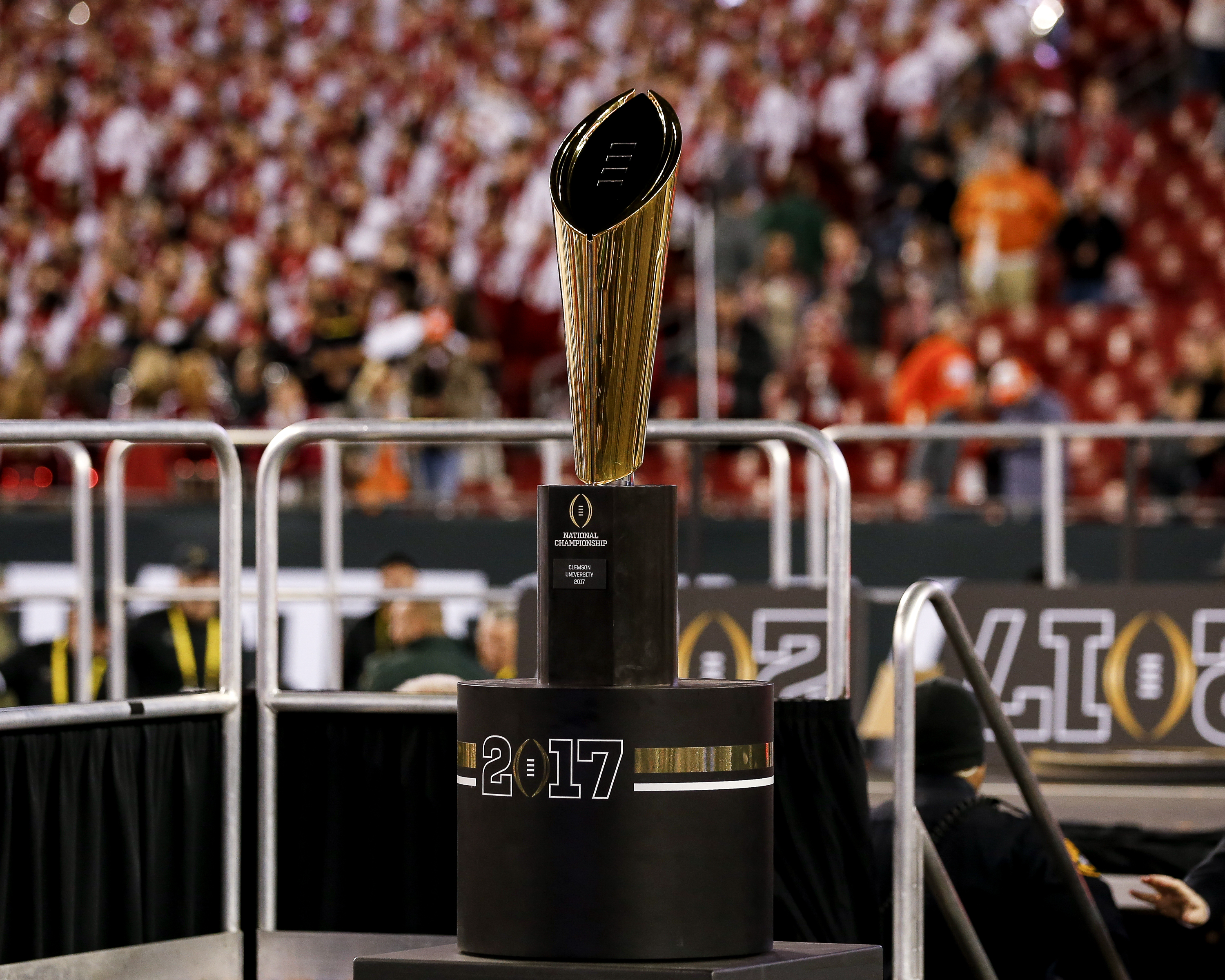A general view of The College Football Playoff National Championship Trophy presented by Dr Pepper after the 2017 College Football Playoff National Championship Game between the Alabama Crimson Tide against the Clemson Tigers at Raymond James Stadium on January 9, 2017 in Tampa, Florida.