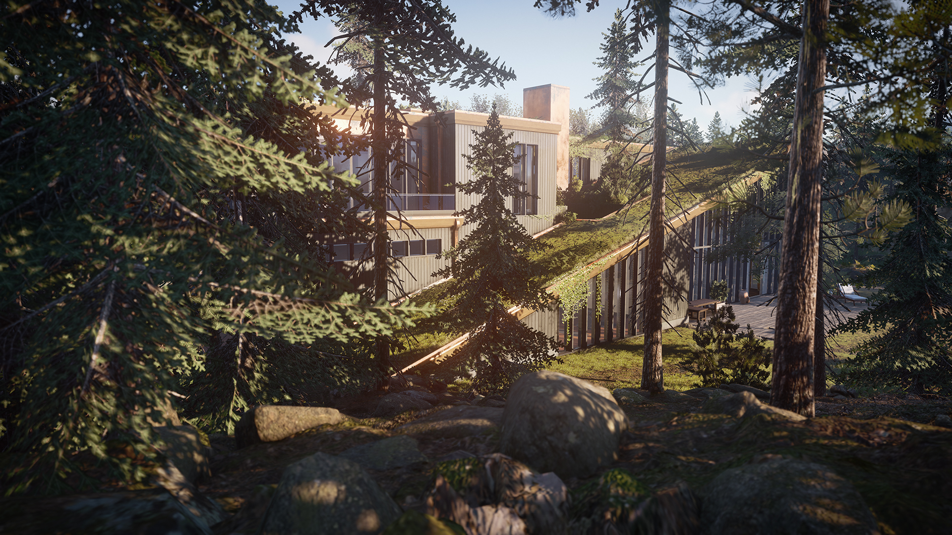 a contemporary-style house in an evergreen forest in Hitman 3