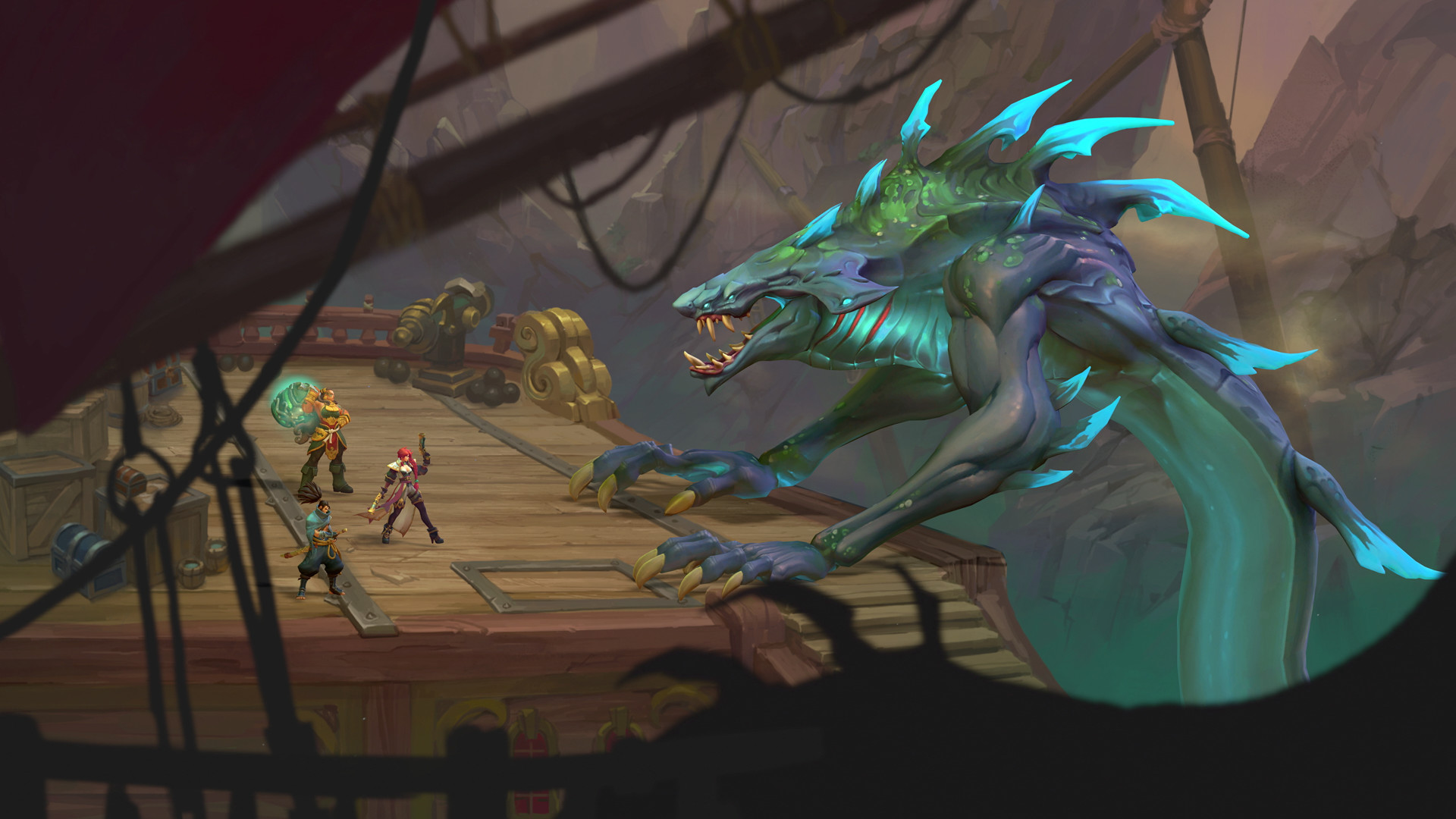 Ruined King: A League of Legends Story - Miss Fortune, Illaoi, and Yasuo stand off against a giant lizard on the bow of a pirate ship