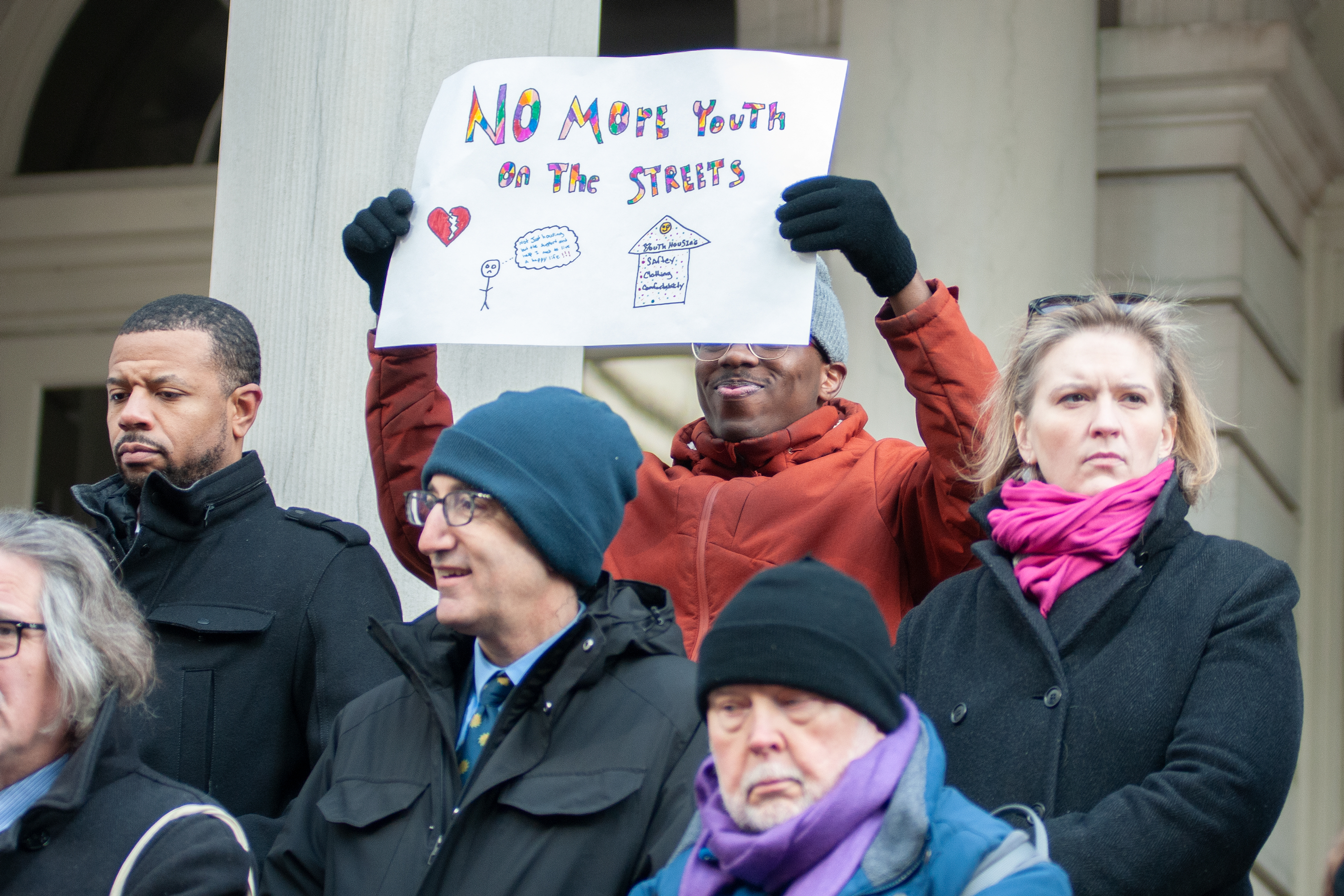 Advocates rally at City Hall in support of homeless youth. January 2020.